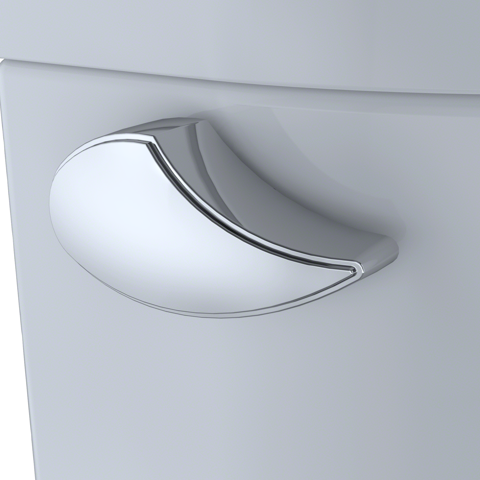 White elongated toilet bowl with curved sides and chrome rim, viewed from above at an angle.