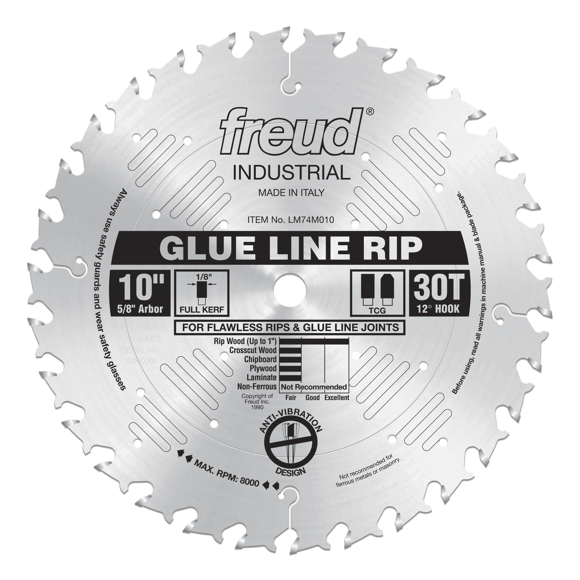 Freud 10" glue line rip blade with 30 teeth, 5/8" arbor, TCG profile, and full kerf design.