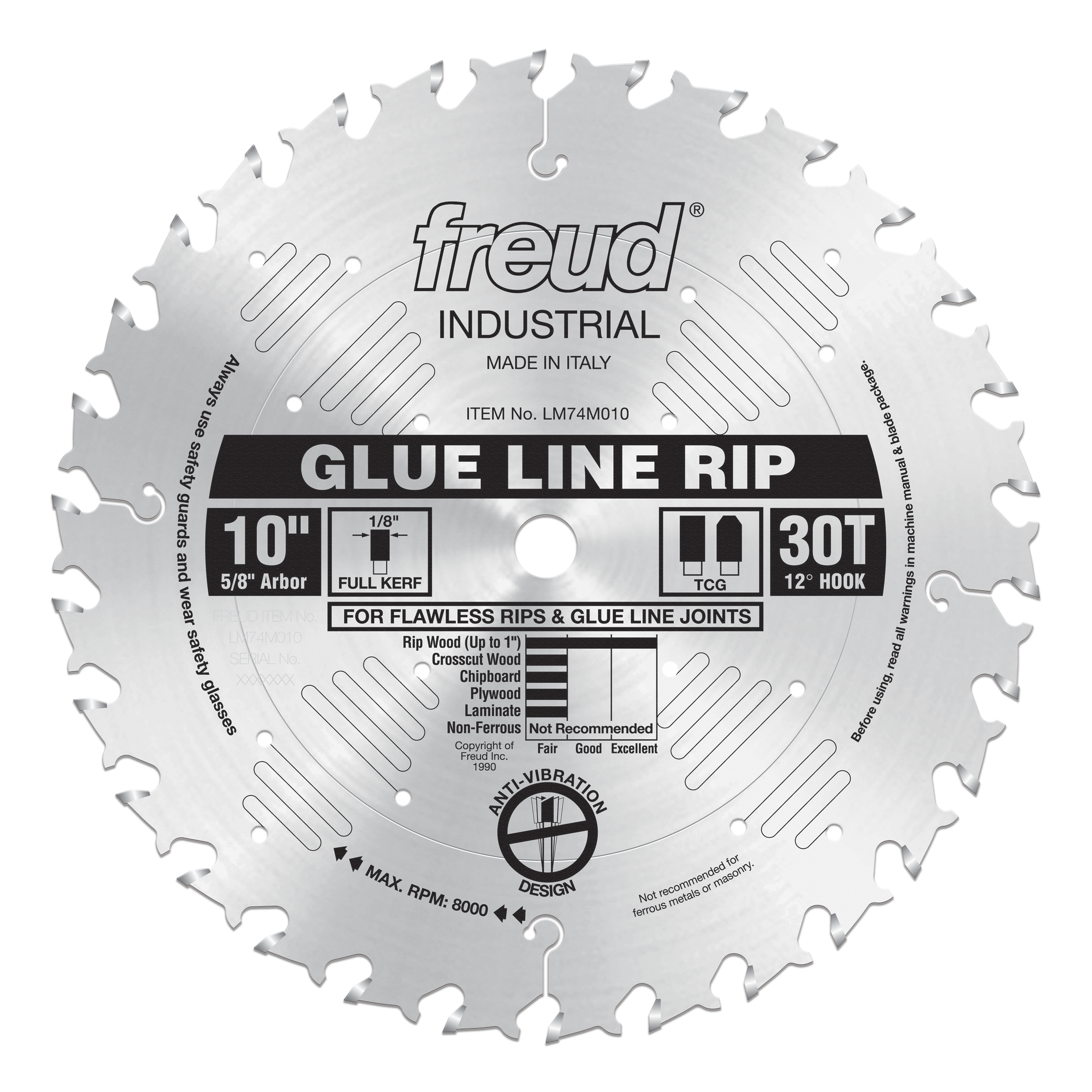 Freud 10" glue line rip blade with 30 teeth, 5/8" arbor, TCG profile, and full kerf design.