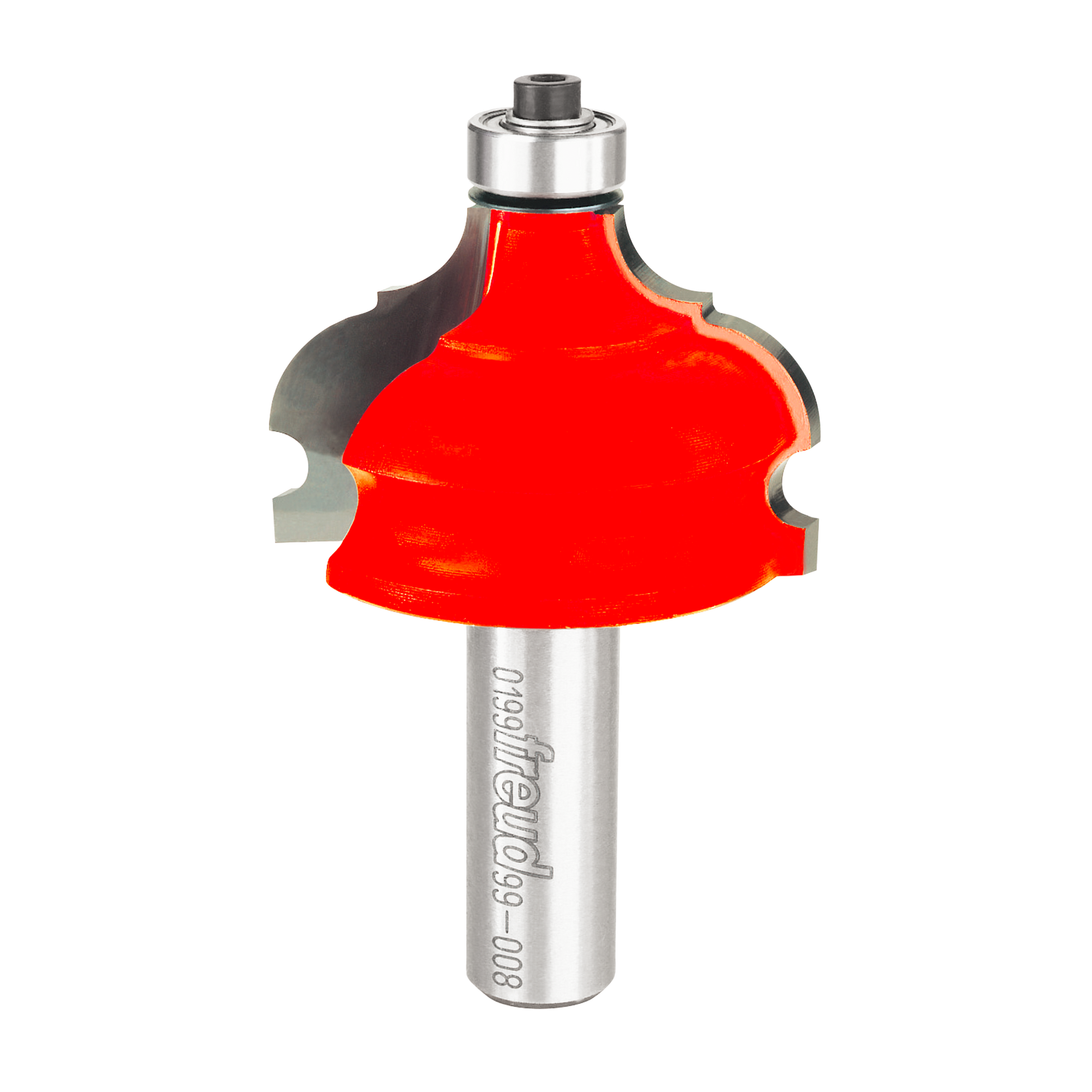 Red classical router bit with silver shaft and bearing collar on top.