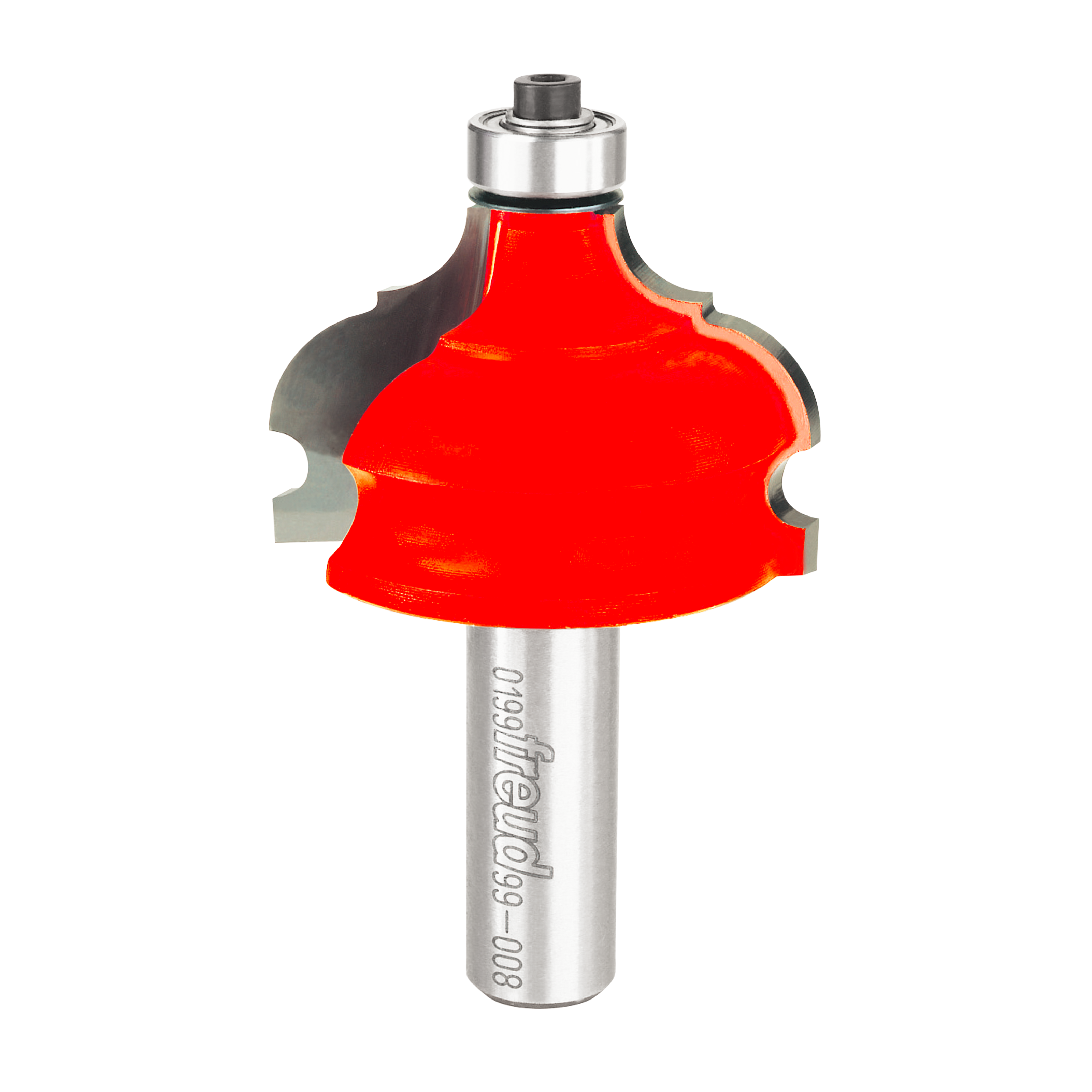 Red classical router bit with silver shaft and bearing collar on top.