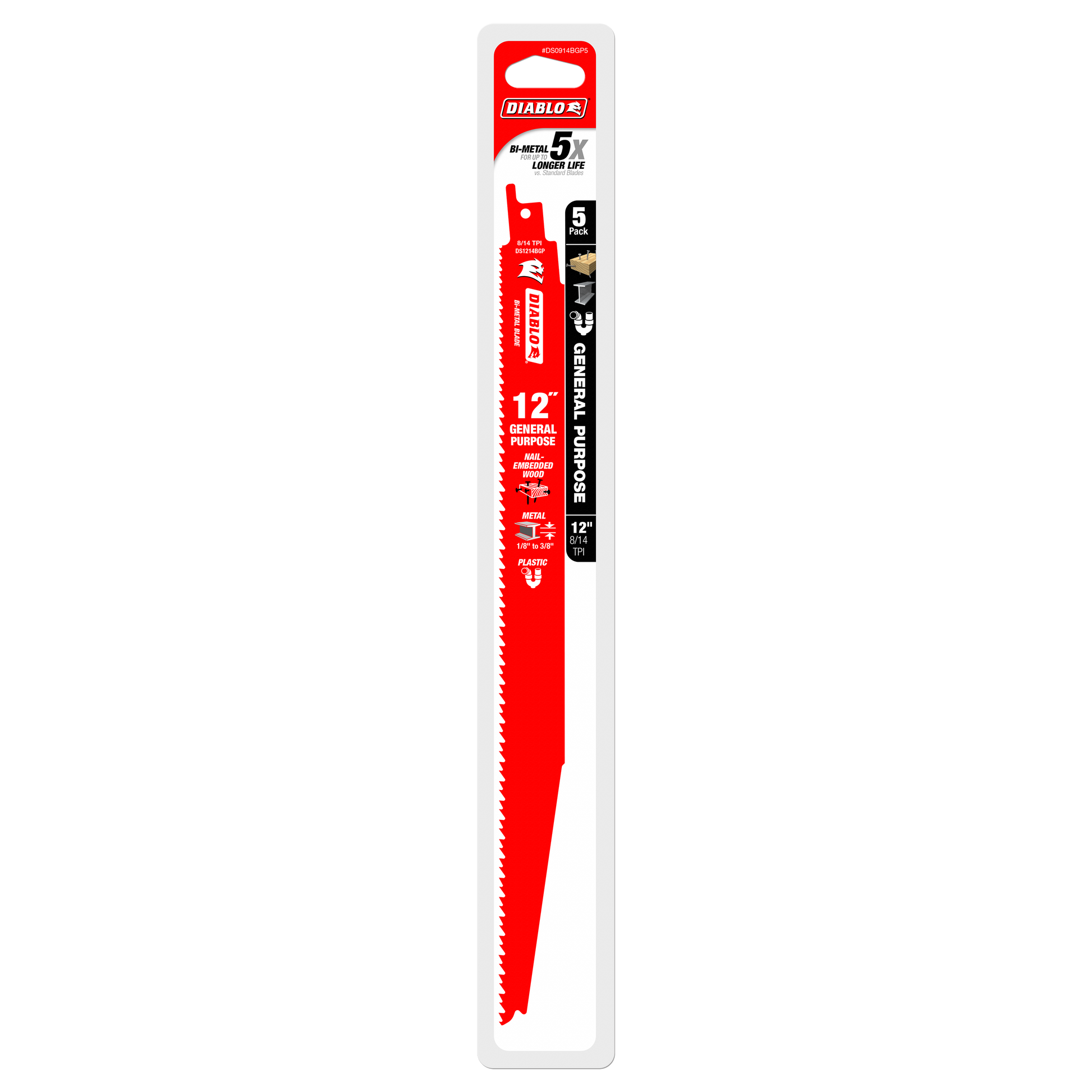 Five 12-inch red bi-metal reciprocating saw blades with serrated edges in white packaging.