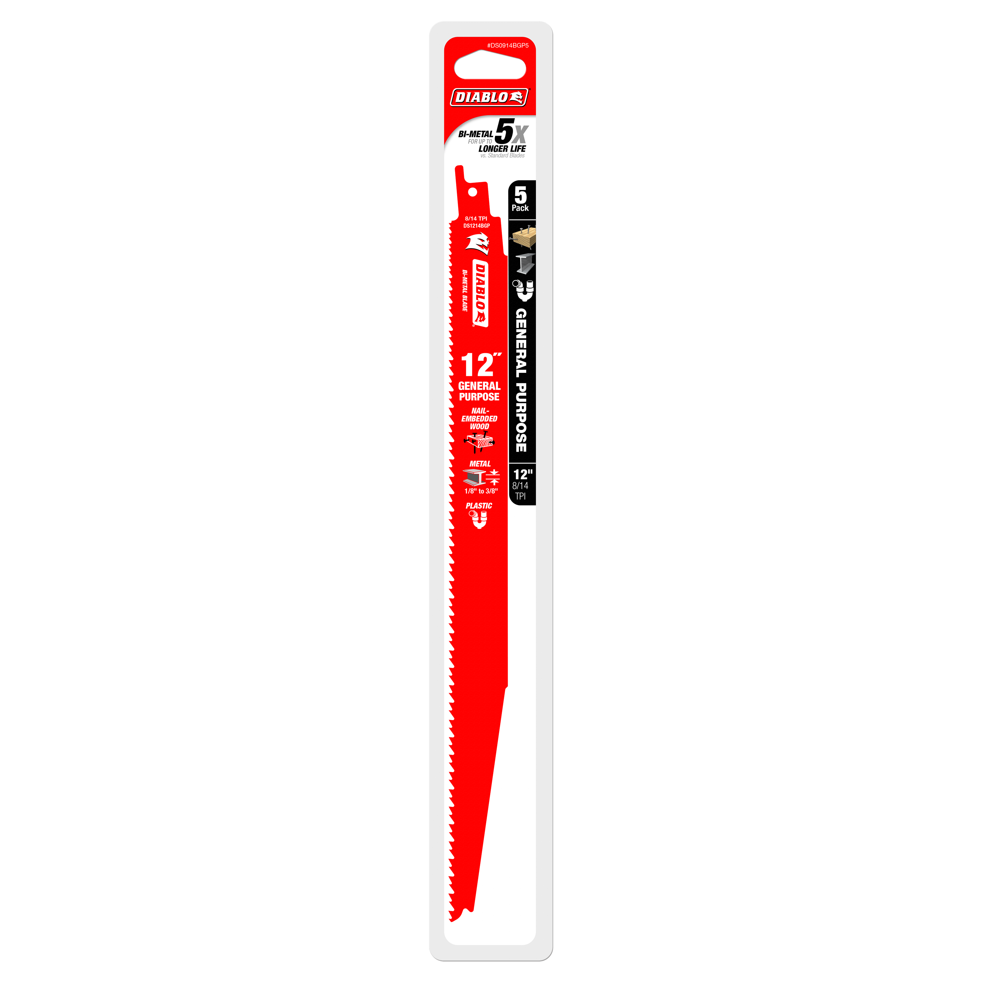 Five 12-inch red bi-metal reciprocating saw blades with serrated edges in white packaging.