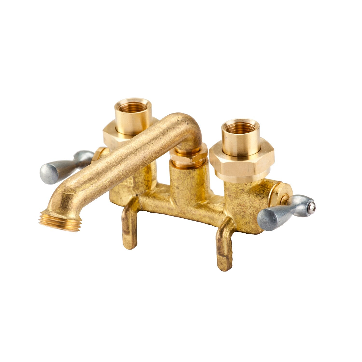 Brass laundry faucet with curved spout, two metal handles, and threaded connection ports on top.