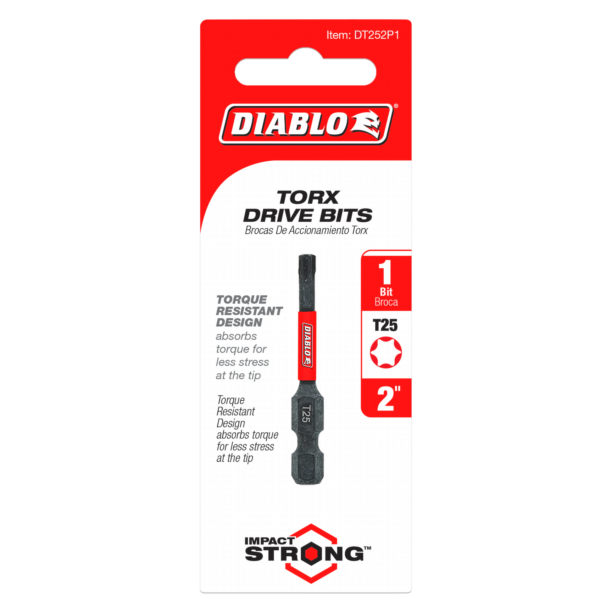 Diablo #25 Torx drive bit, 2 inches long, black with red grip, on red and white retail packaging.