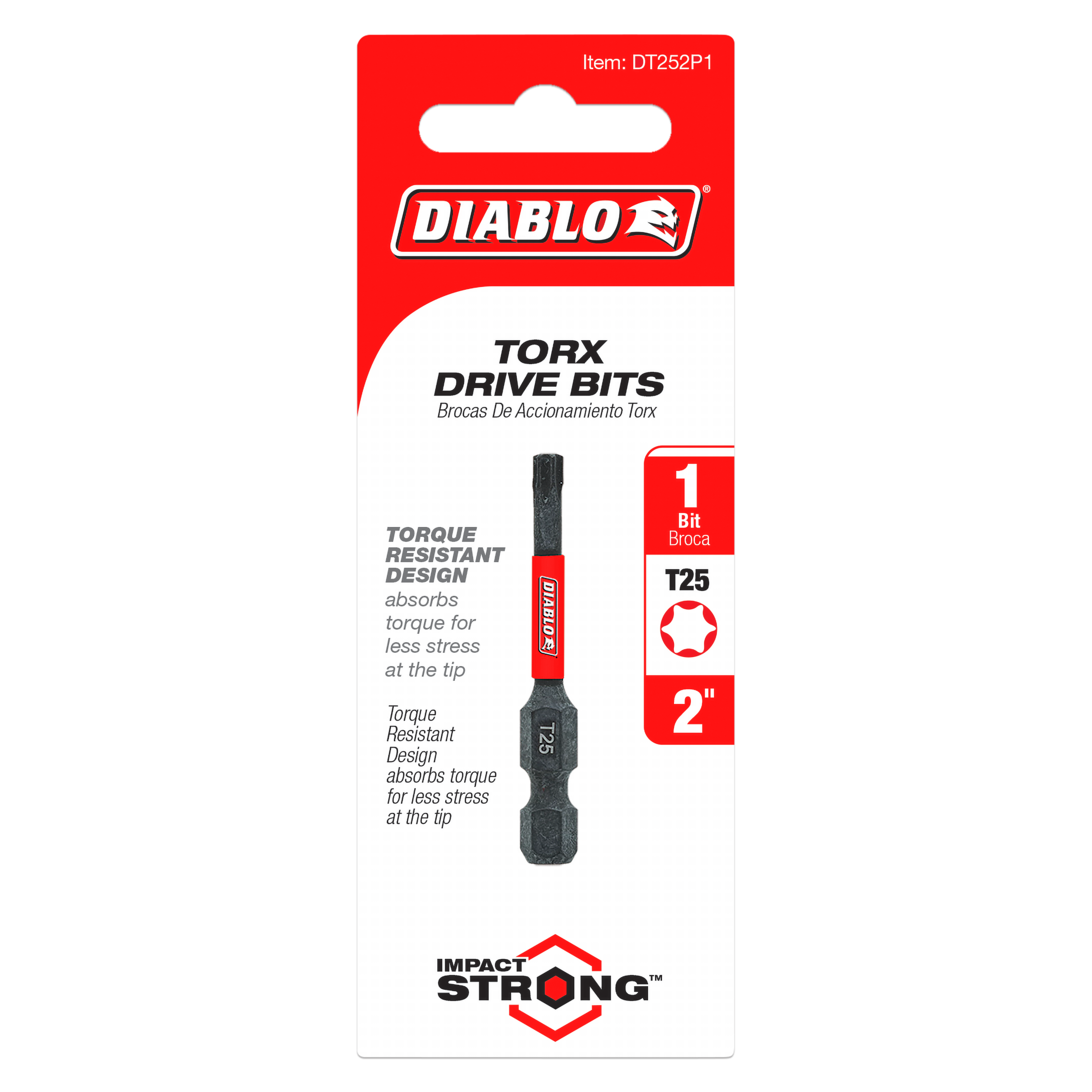 Diablo #25 Torx drive bit, 2 inches long, black with red grip, on red and white retail packaging.
