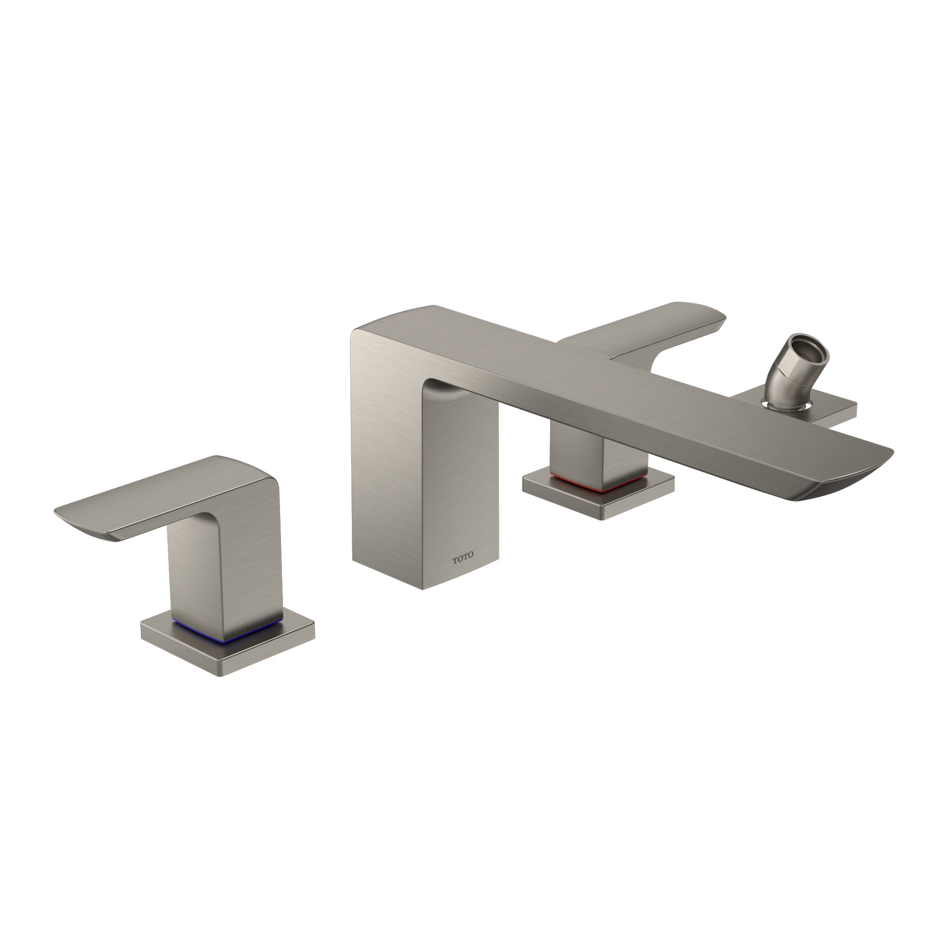 Brushed nickel two-handle roman tub filler with separate handshower and square base mounts.