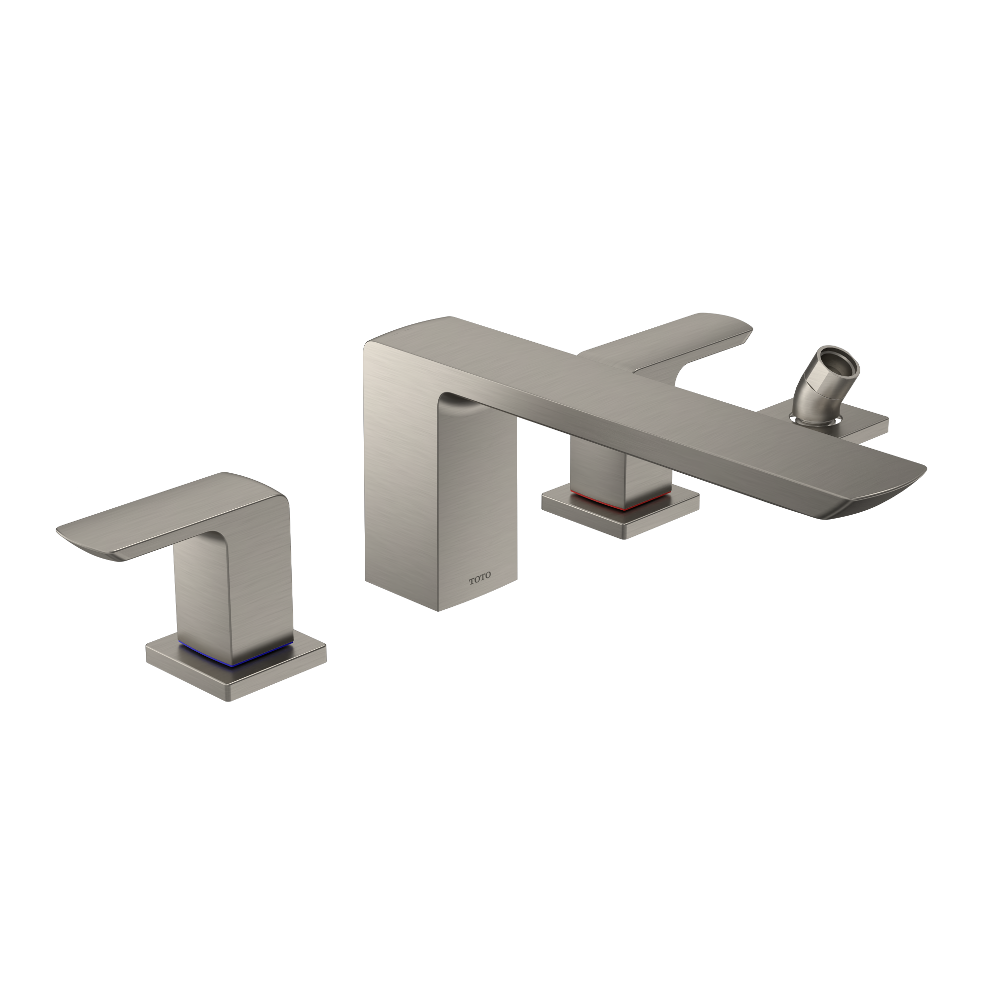 Brushed nickel two-handle roman tub filler with separate handshower and square base mounts.