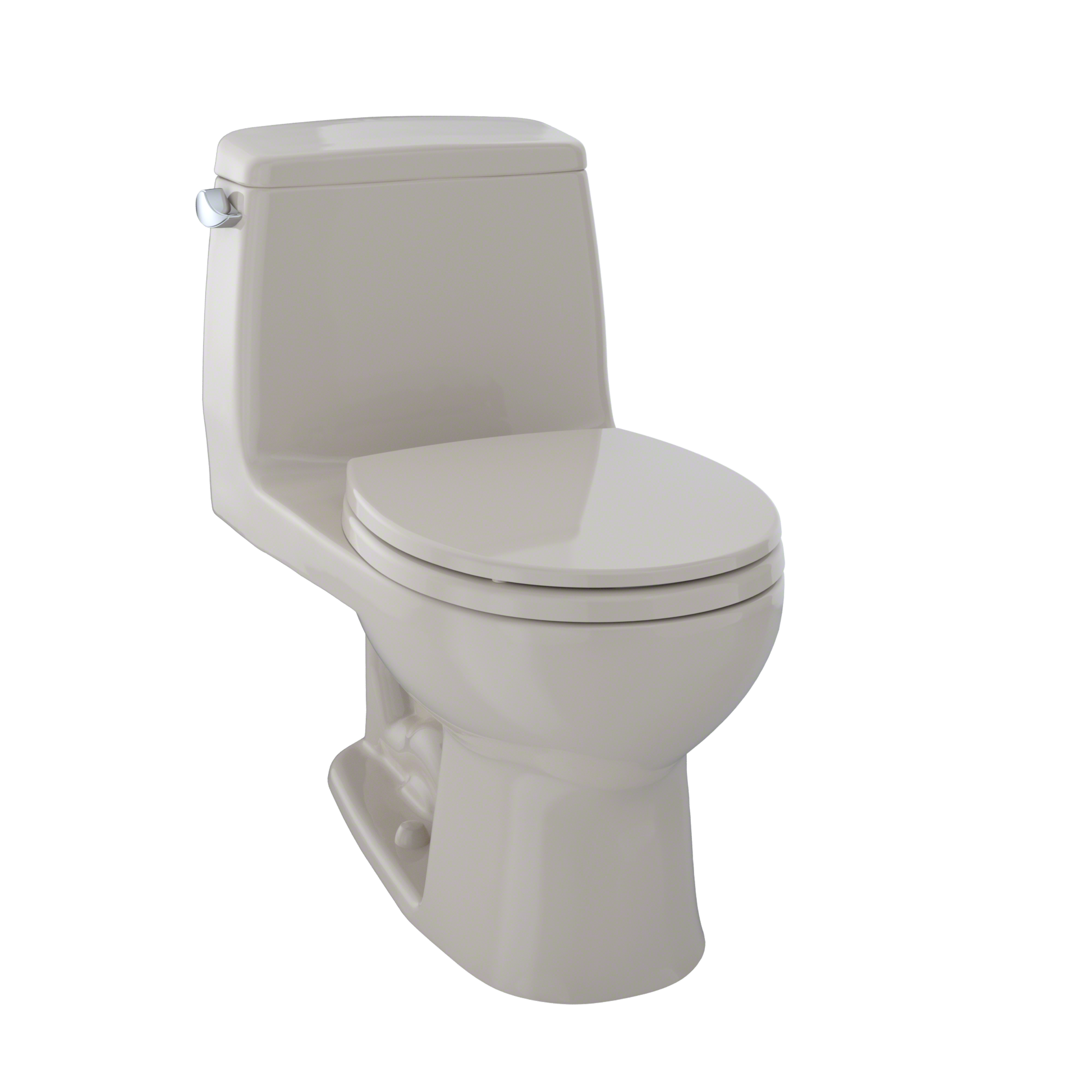 Bone-colored one-piece round toilet with closed soft-close seat and matching tank.