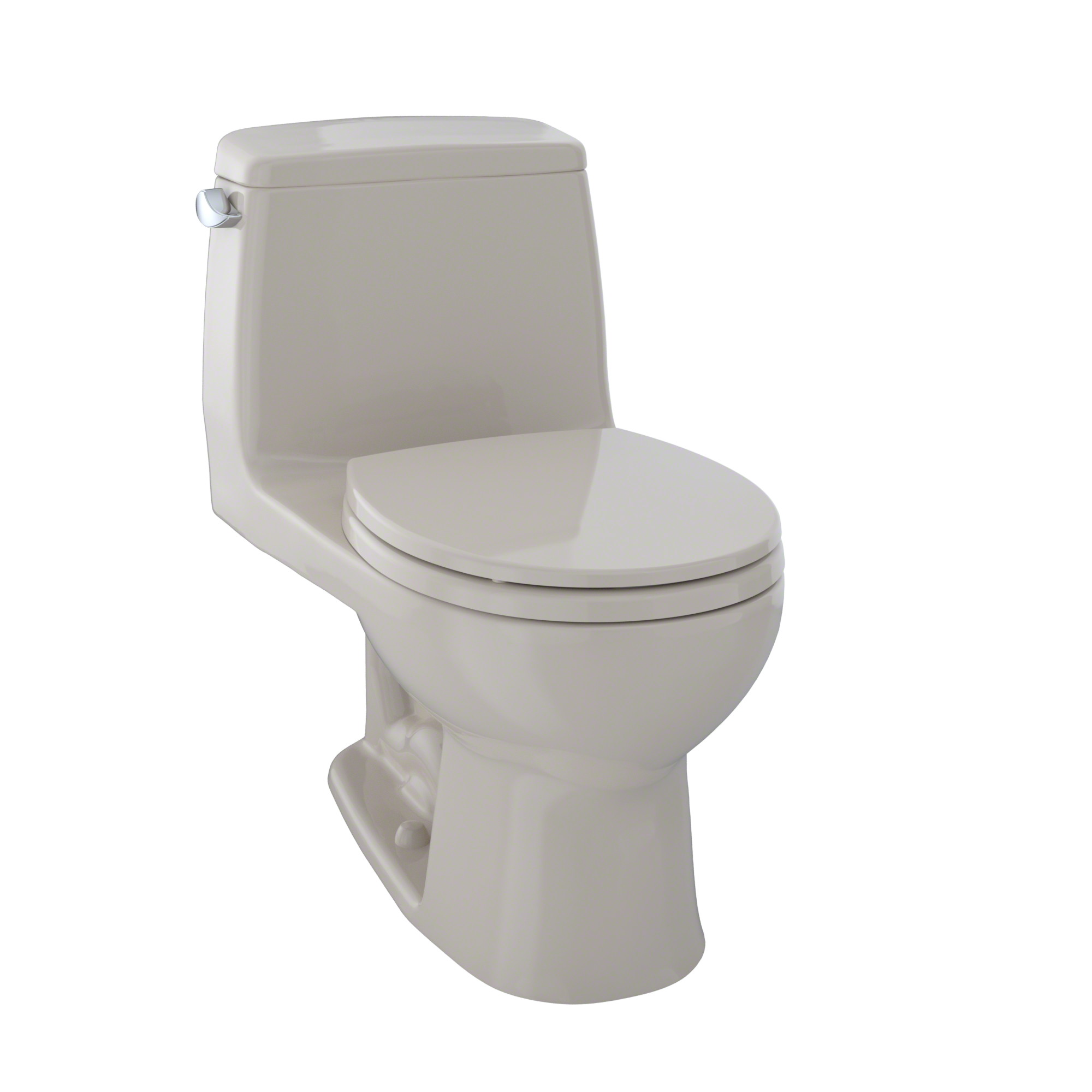 Bone-colored one-piece round toilet with closed soft-close seat and matching tank.
