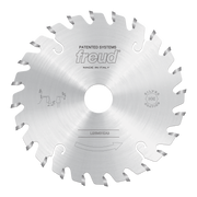 Freud 120mm conical scoring saw blade with metal teeth and central mounting hole, marked "Made in Italy."