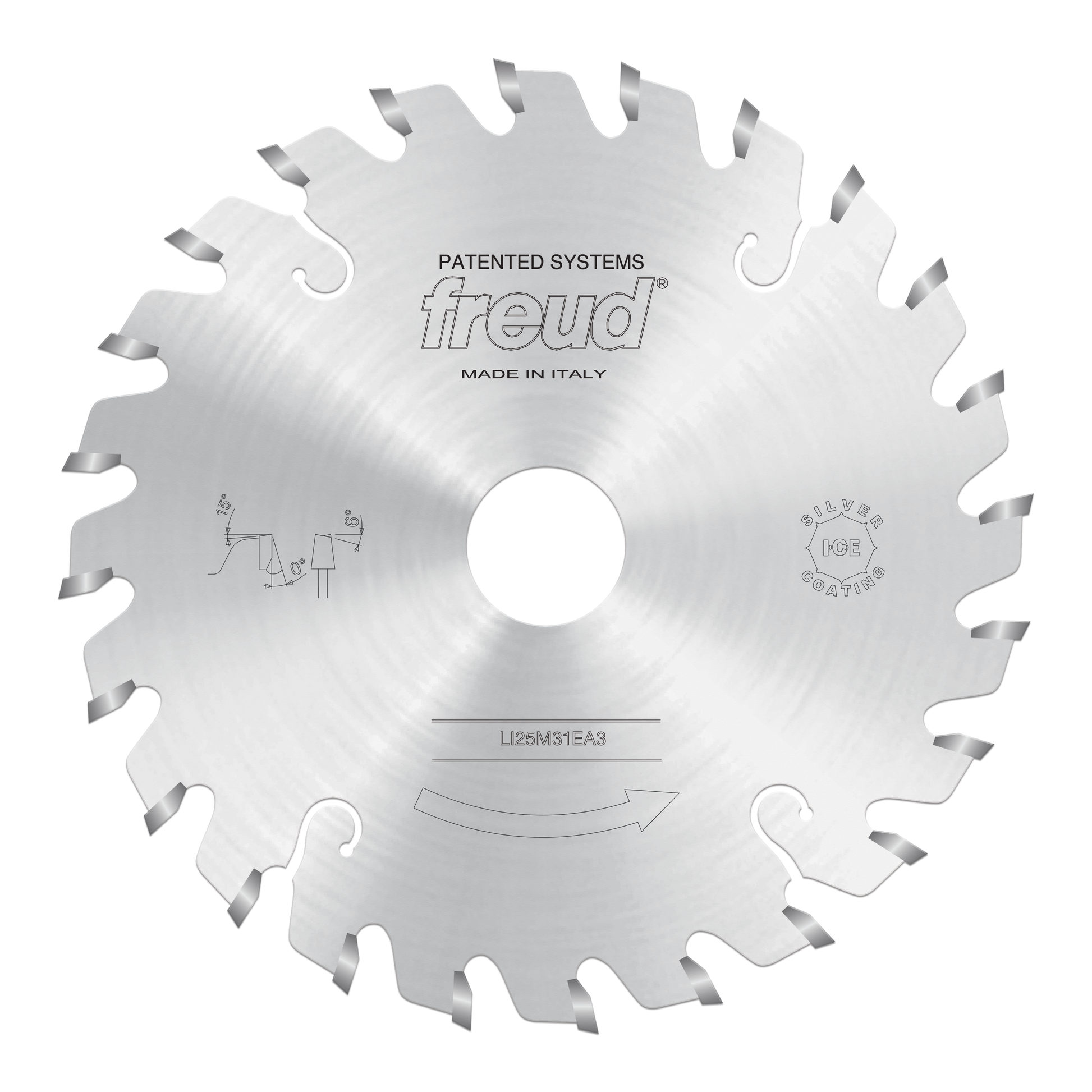 Freud 120mm conical scoring saw blade with metal teeth and central mounting hole, marked "Made in Italy."