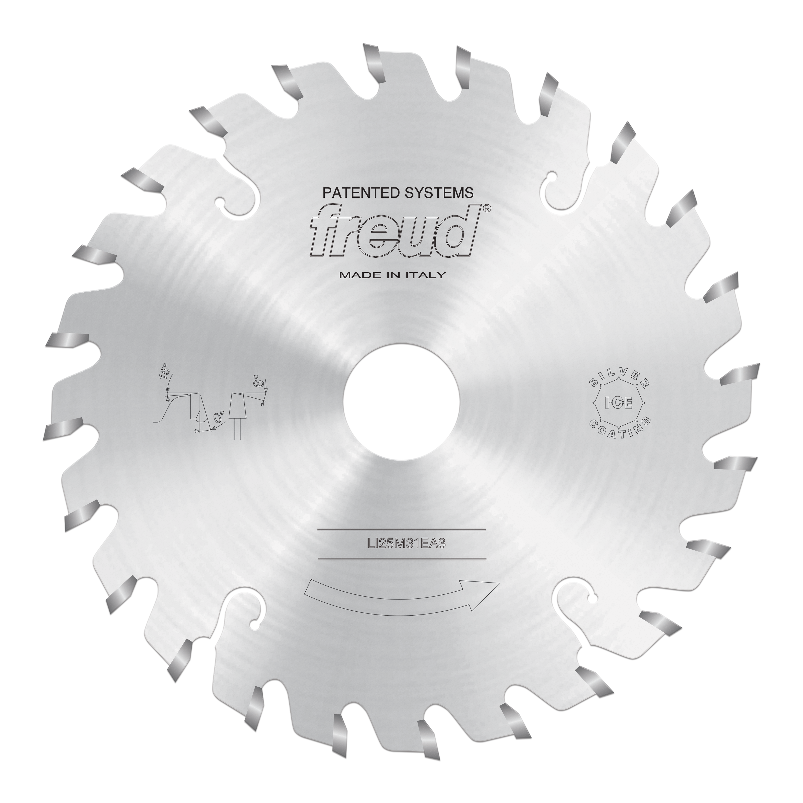 Freud 120mm conical scoring saw blade with metal teeth and central mounting hole, marked "Made in Italy."