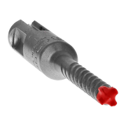 SDS-Plus hammer drill bit with carbide head and four cutting edges, featuring red grip section on shaft.