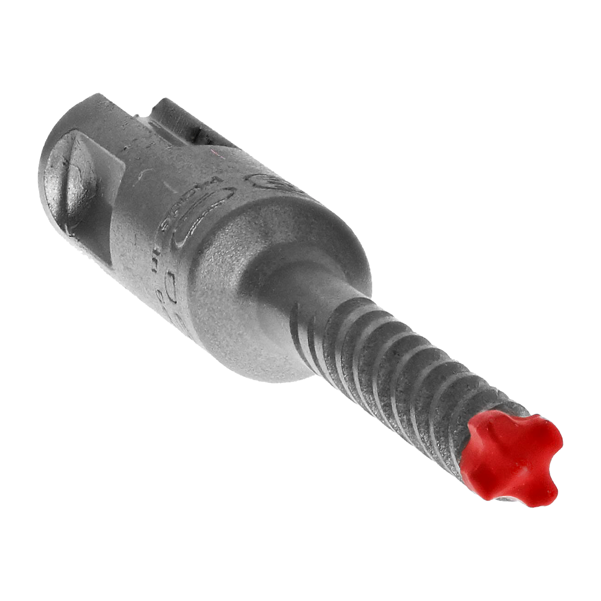 SDS-Plus hammer drill bit with carbide cutting head and grooved shaft, featuring red plastic grip on tip.