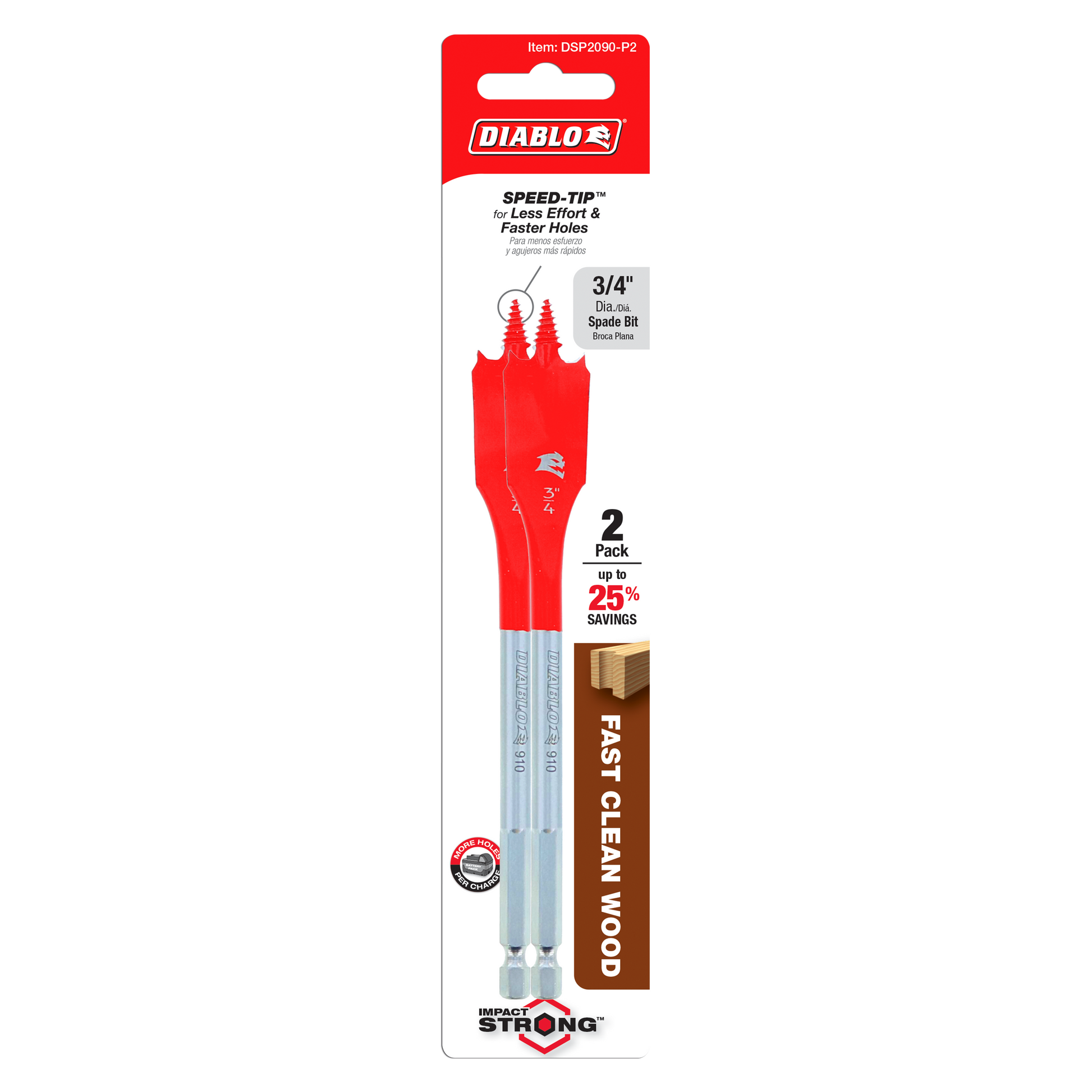 Two red and silver Diablo 3/4-inch spade bits with Speed-Tip design on retail packaging.