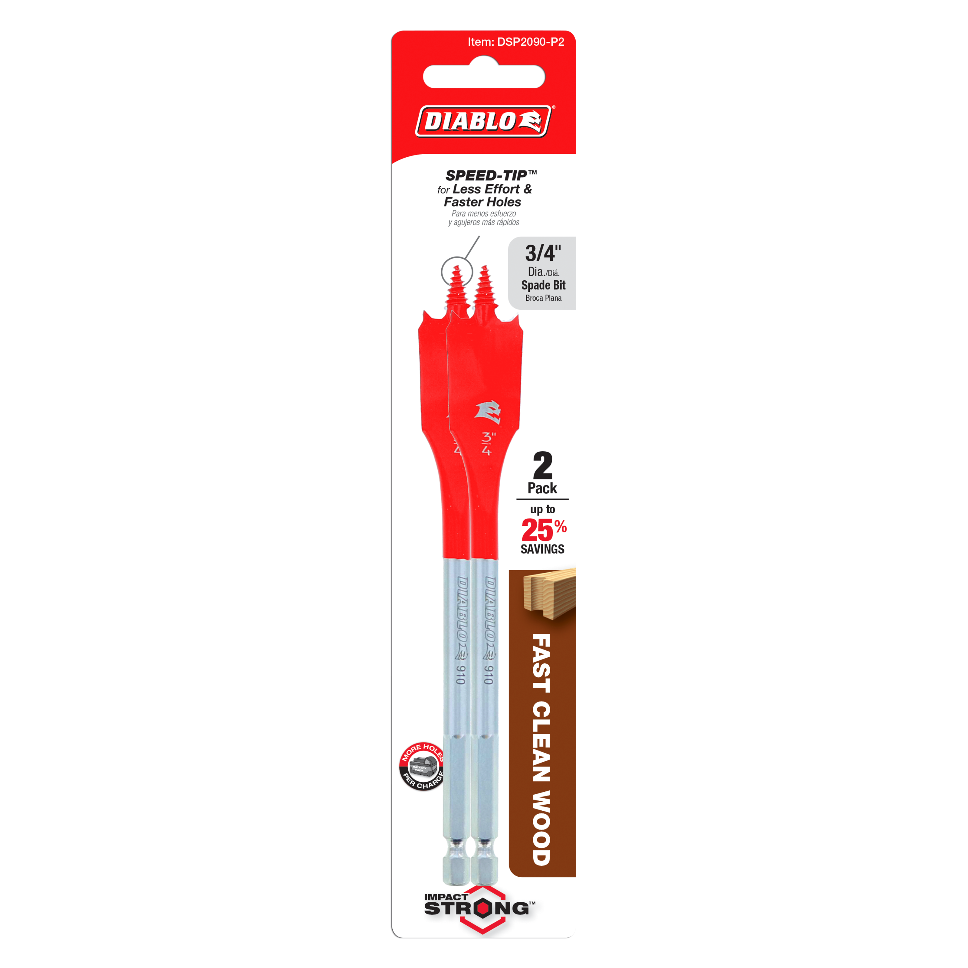 Two red and silver Diablo 3/4-inch spade bits with Speed-Tip design on retail packaging.
