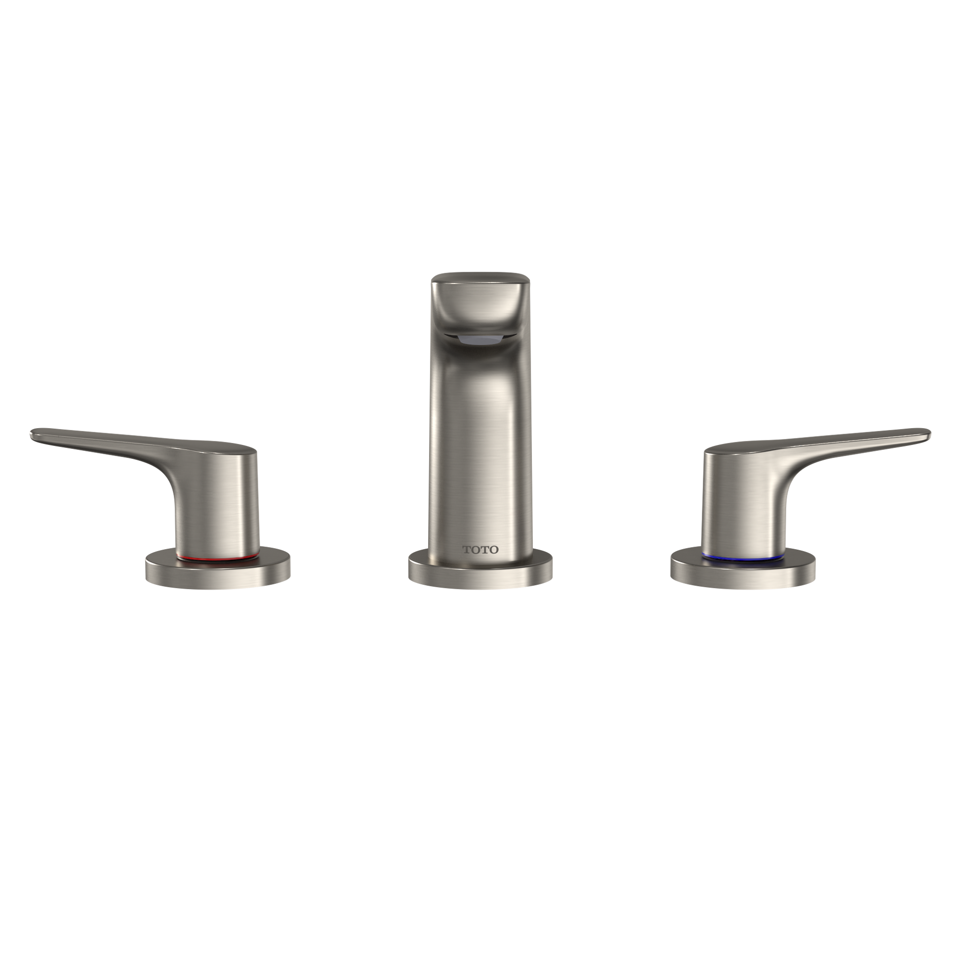 Brushed nickel three-piece bathroom faucet with two lever handles and tall center spout.
