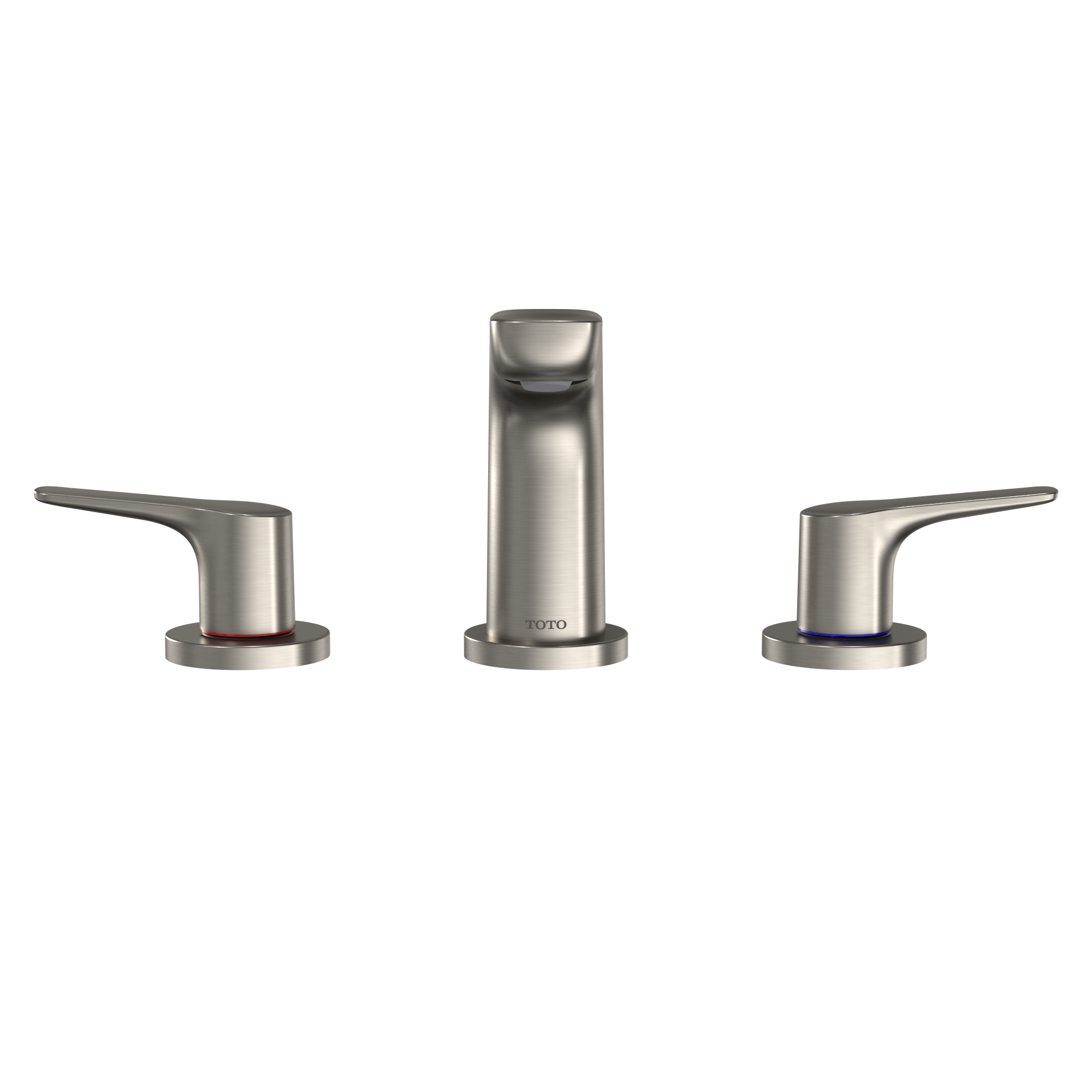 Brushed nickel three-piece bathroom faucet with two lever handles and tall center spout.