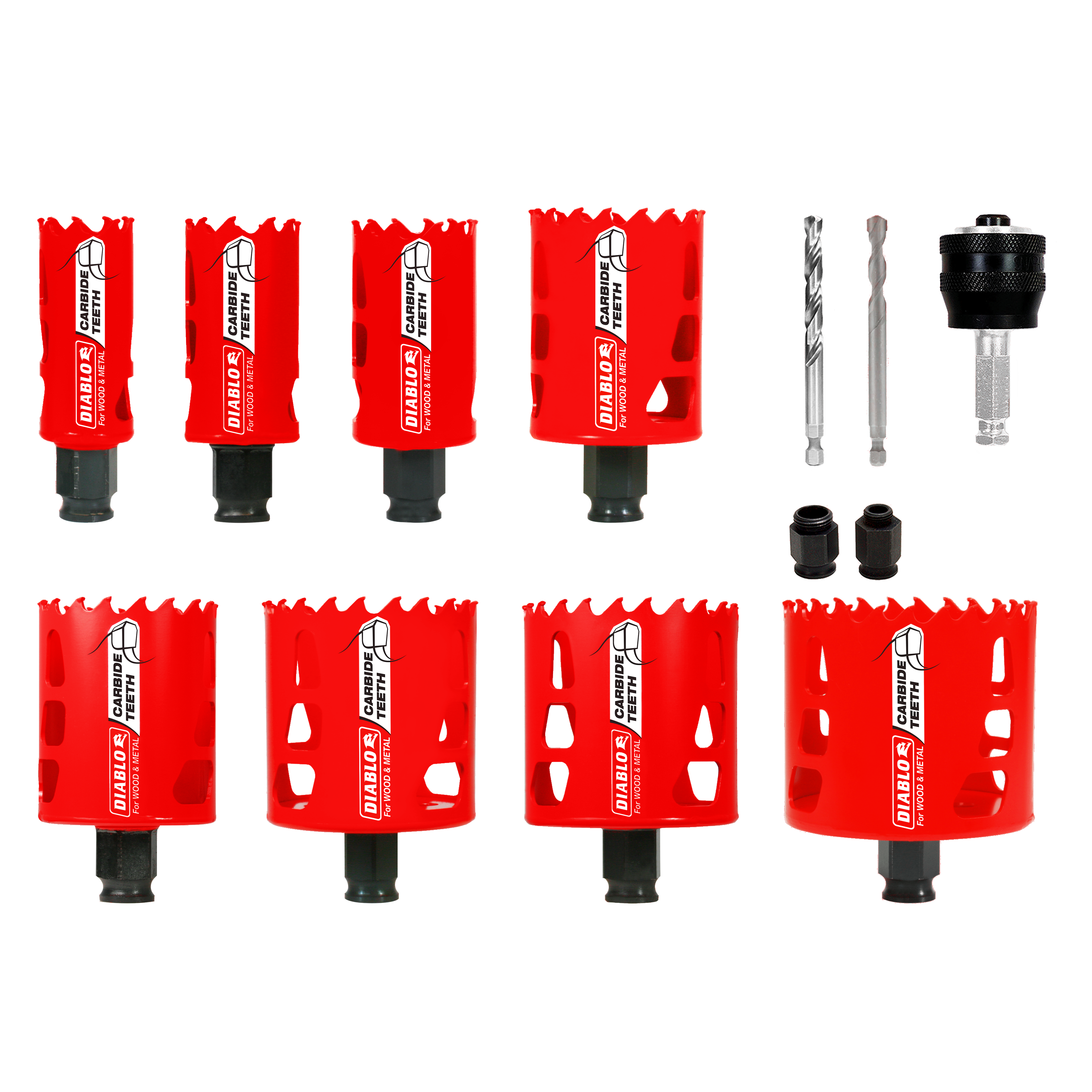 Eight red carbide hole saws with black bases, two drill bits, arbor, and accessories displayed on white background.
