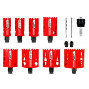 Eight red carbide hole saws with black bases, two drill bits, black adapter, and two sockets arranged on white background.