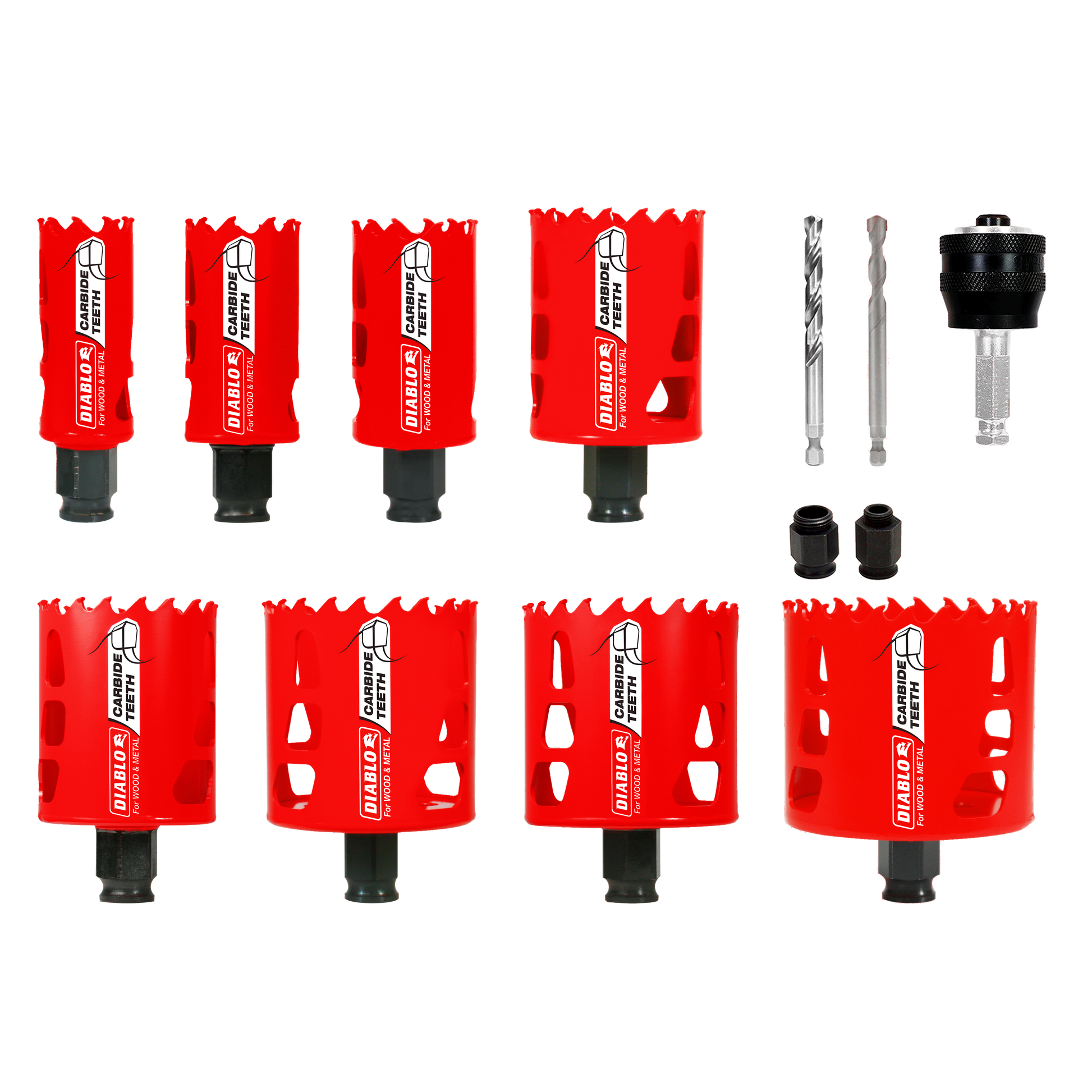 Eight red carbide hole saws with black bases, two drill bits, black adapter, and two sockets arranged on white background.