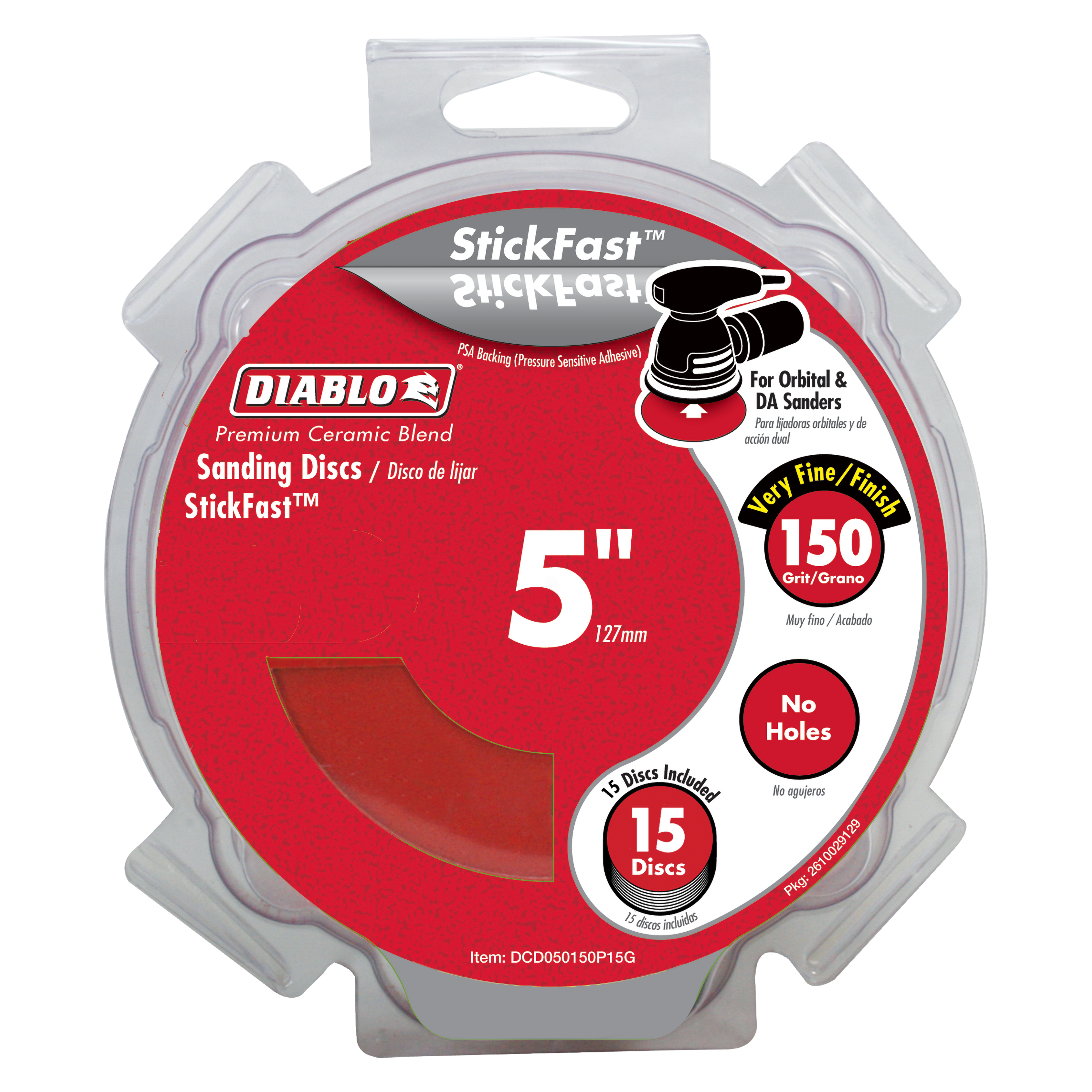 Five-inch round sanding discs with 150-grit ceramic blend surface in clear plastic clamshell packaging.