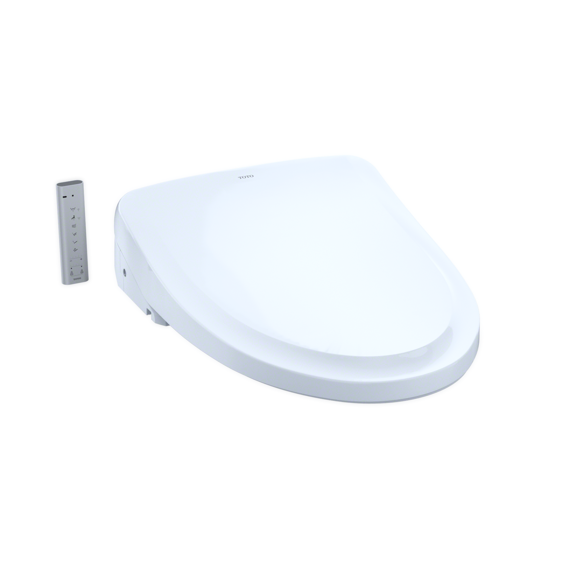White Toto WASHLET S500 bidet seat with gray remote control and mounting bracket.
