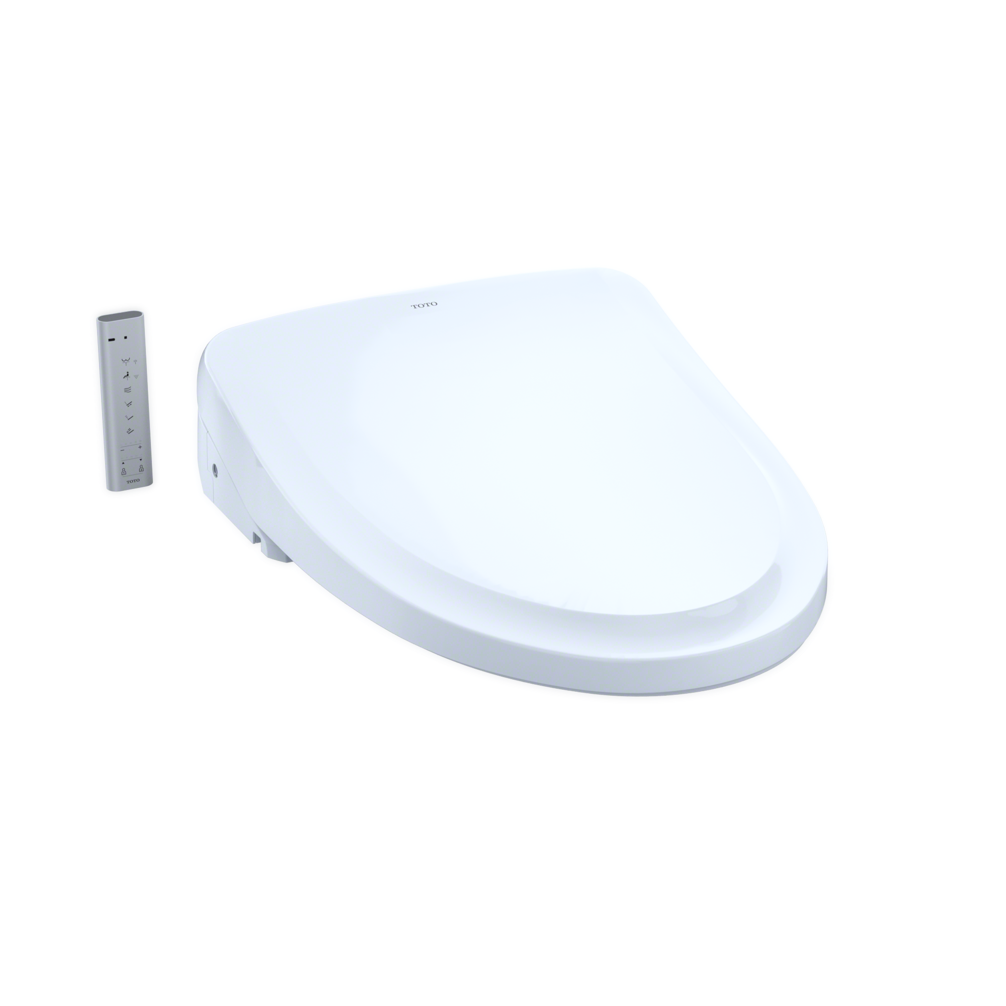 White Toto WASHLET S500 bidet seat with gray remote control and mounting bracket.