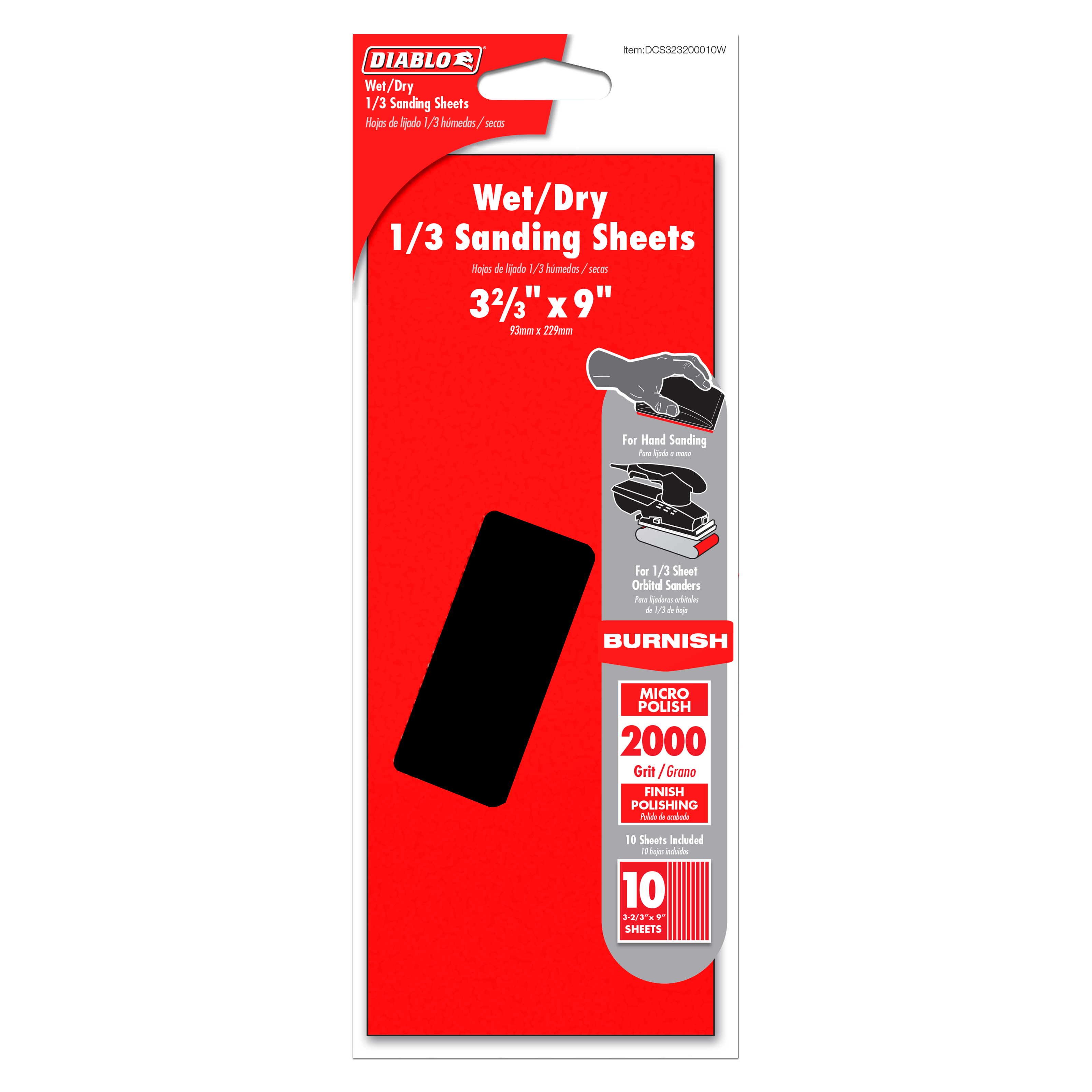 Diablo DCS323200010W Wet/Dry 1/3 Sheet (3-2/3 in x 9 in.) 2000-Grit (Micro Polish) Sanding Sheet (10-Piece)