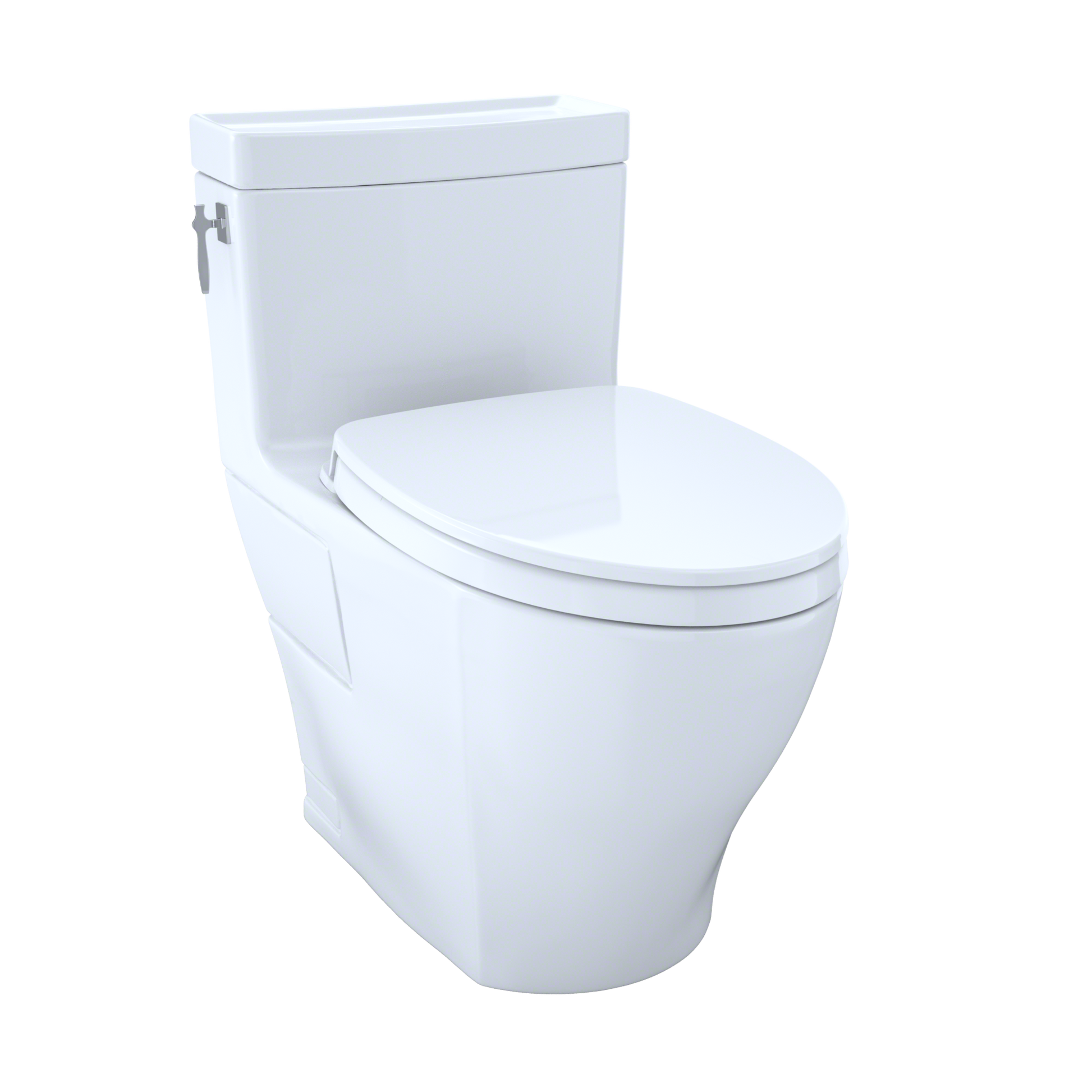 White one-piece elongated toilet with soft-close seat and integrated tank.