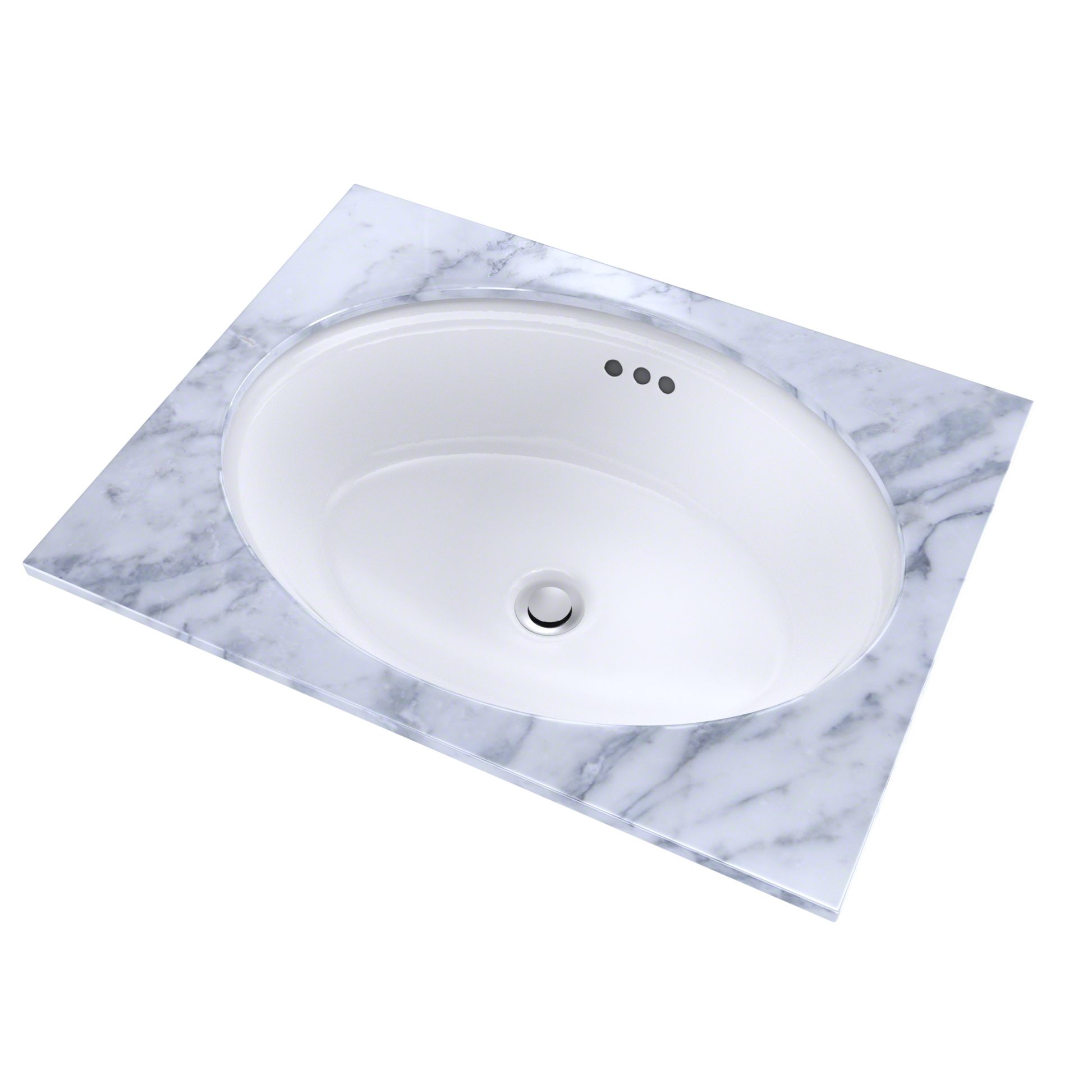 White oval undermount bathroom sink with drain hole and faucet mounting holes on marble countertop.