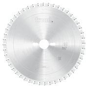 Silver circular sawblade with Freud branding, center hole, and gray teeth around the perimeter for cutting ferrous metals.