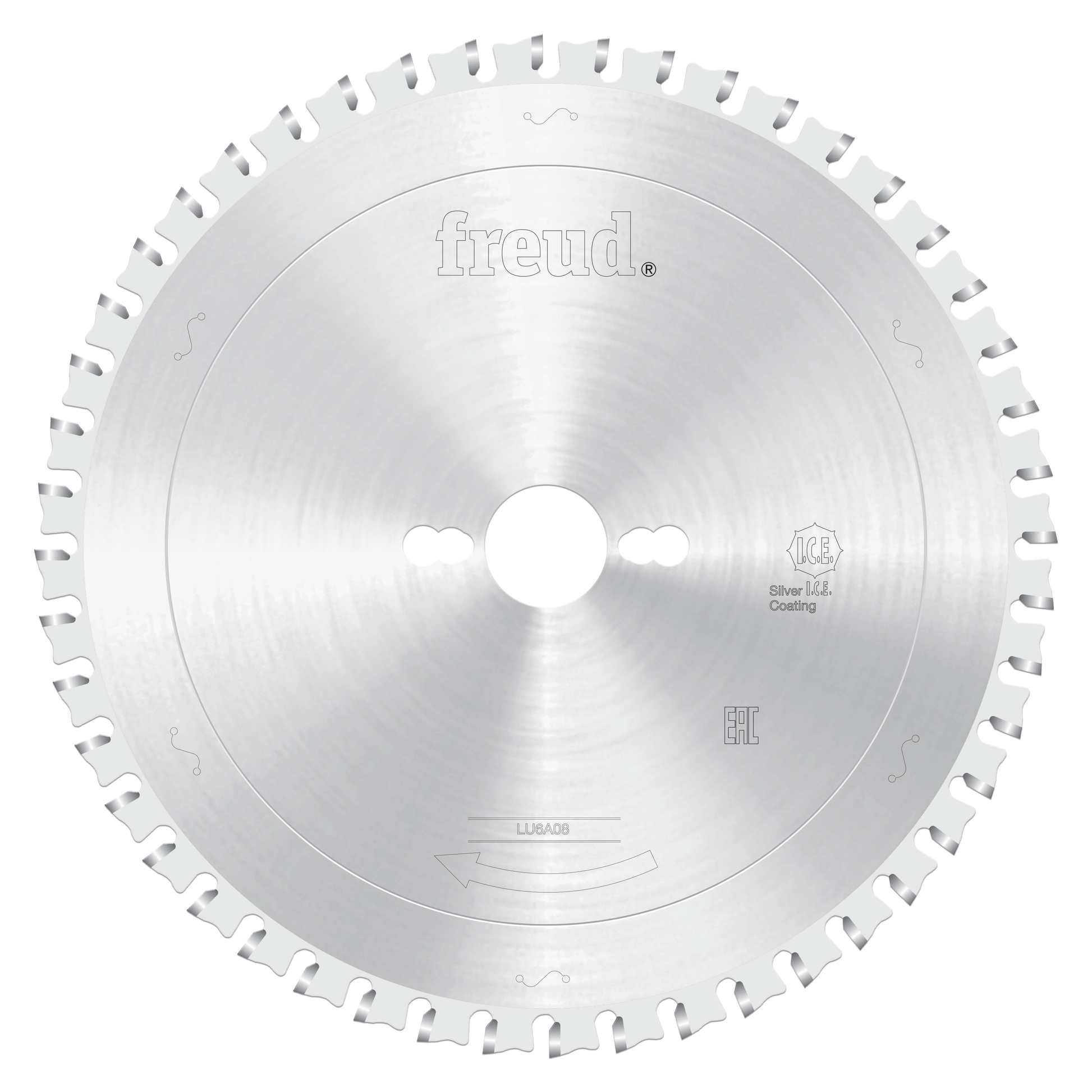 Silver circular sawblade with Freud branding, center hole, and gray teeth around the perimeter for cutting ferrous metals.
