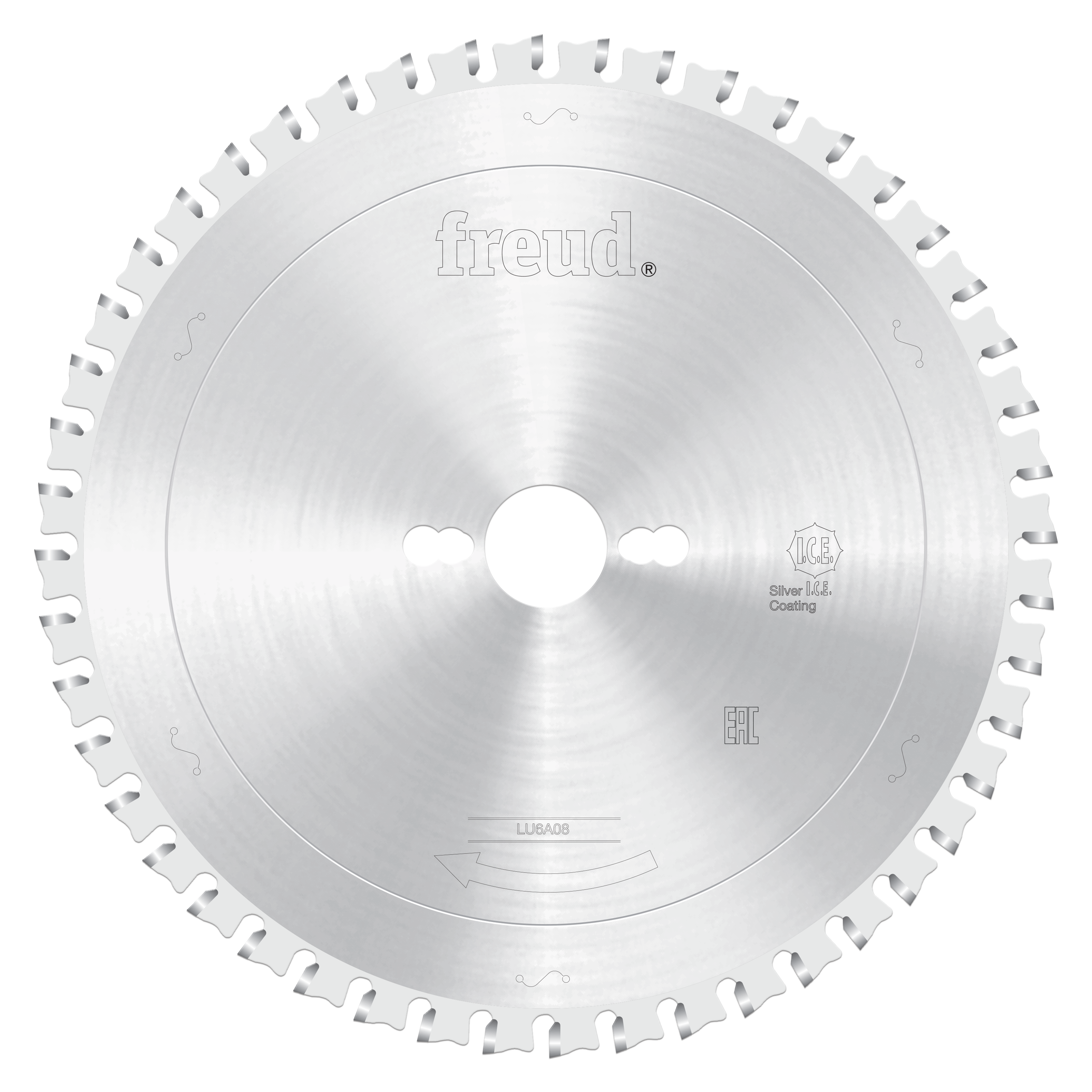 Silver circular sawblade with Freud branding, center hole, and gray teeth around the perimeter for cutting ferrous metals.