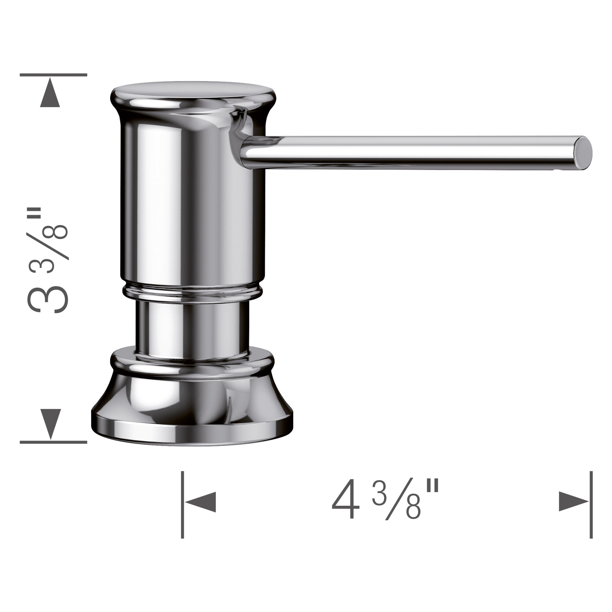 Chrome soap dispenser with cylindrical pump body and horizontal spout, 3 3/8 inches tall and 4 3/8 inches wide.