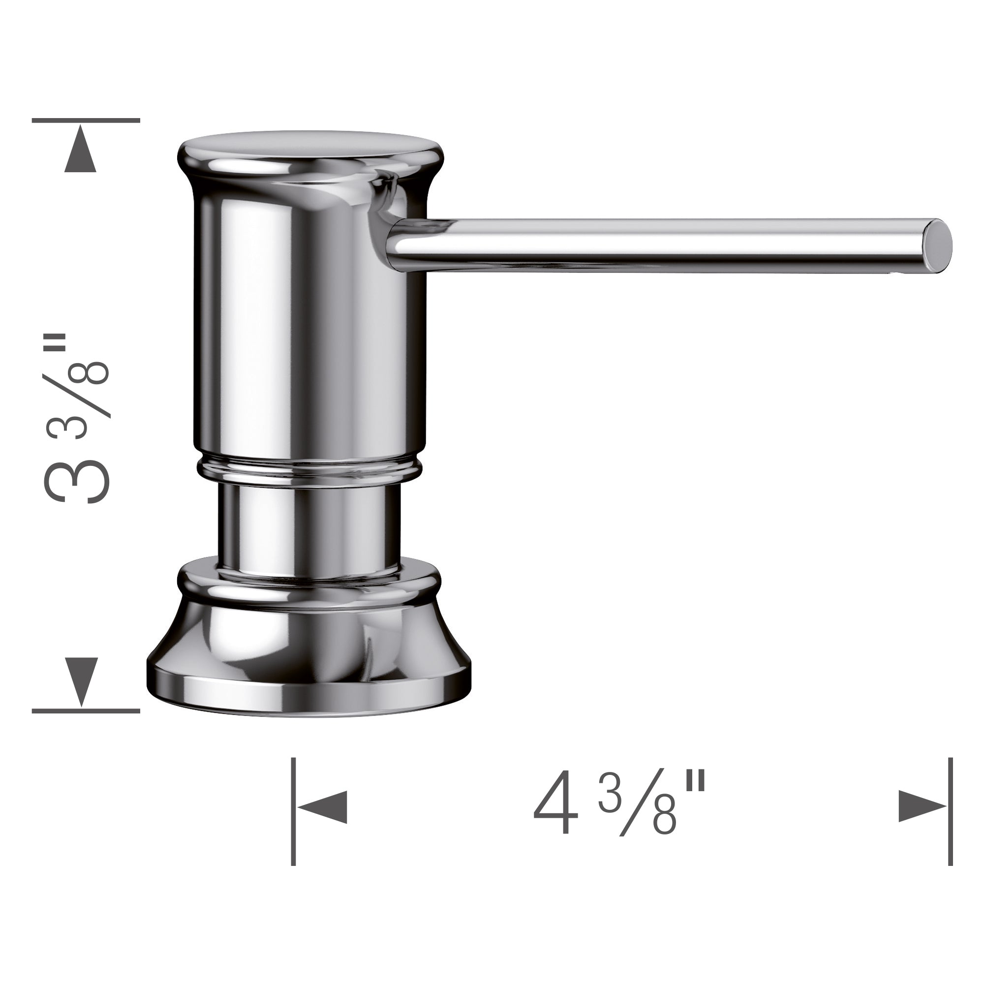 Chrome soap dispenser with cylindrical pump body and horizontal spout, 3 3/8 inches tall and 4 3/8 inches wide.