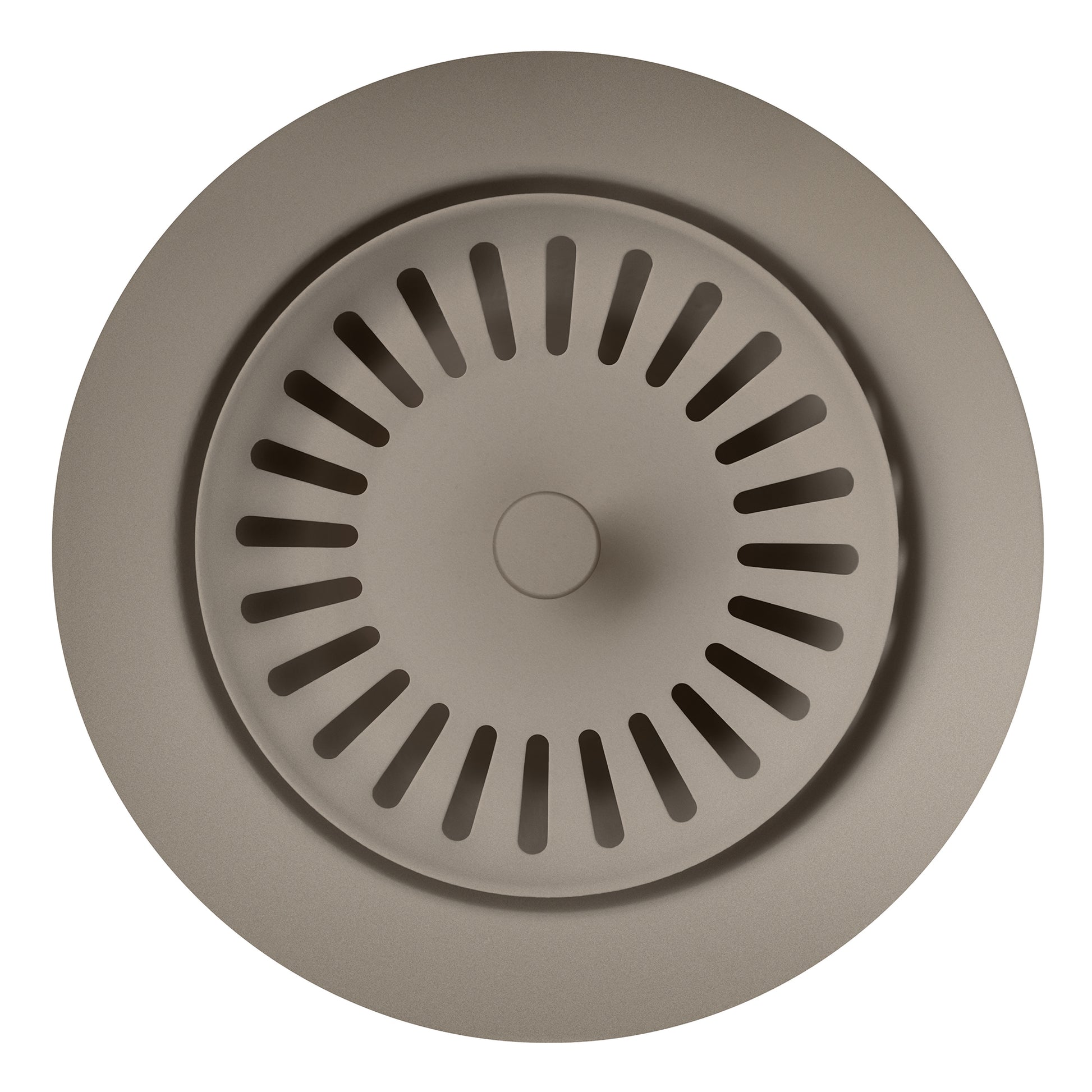 Truffle-colored circular metal waste flange with radial slot pattern and center knob, top view.