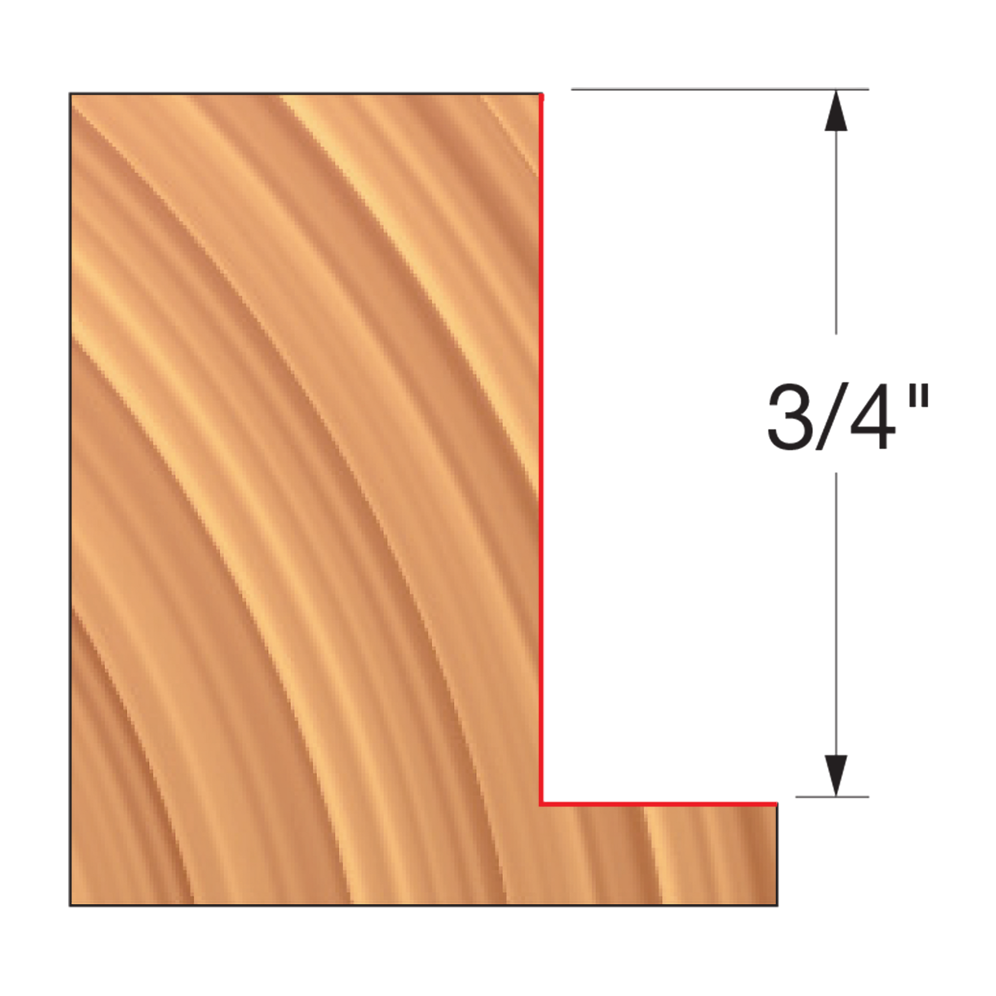 Straight edge router bit with 3/4" height and curved cutting surface on wood grain background.