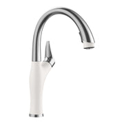 White and stainless steel pull-down kitchen faucet with curved spout and single lever handle.