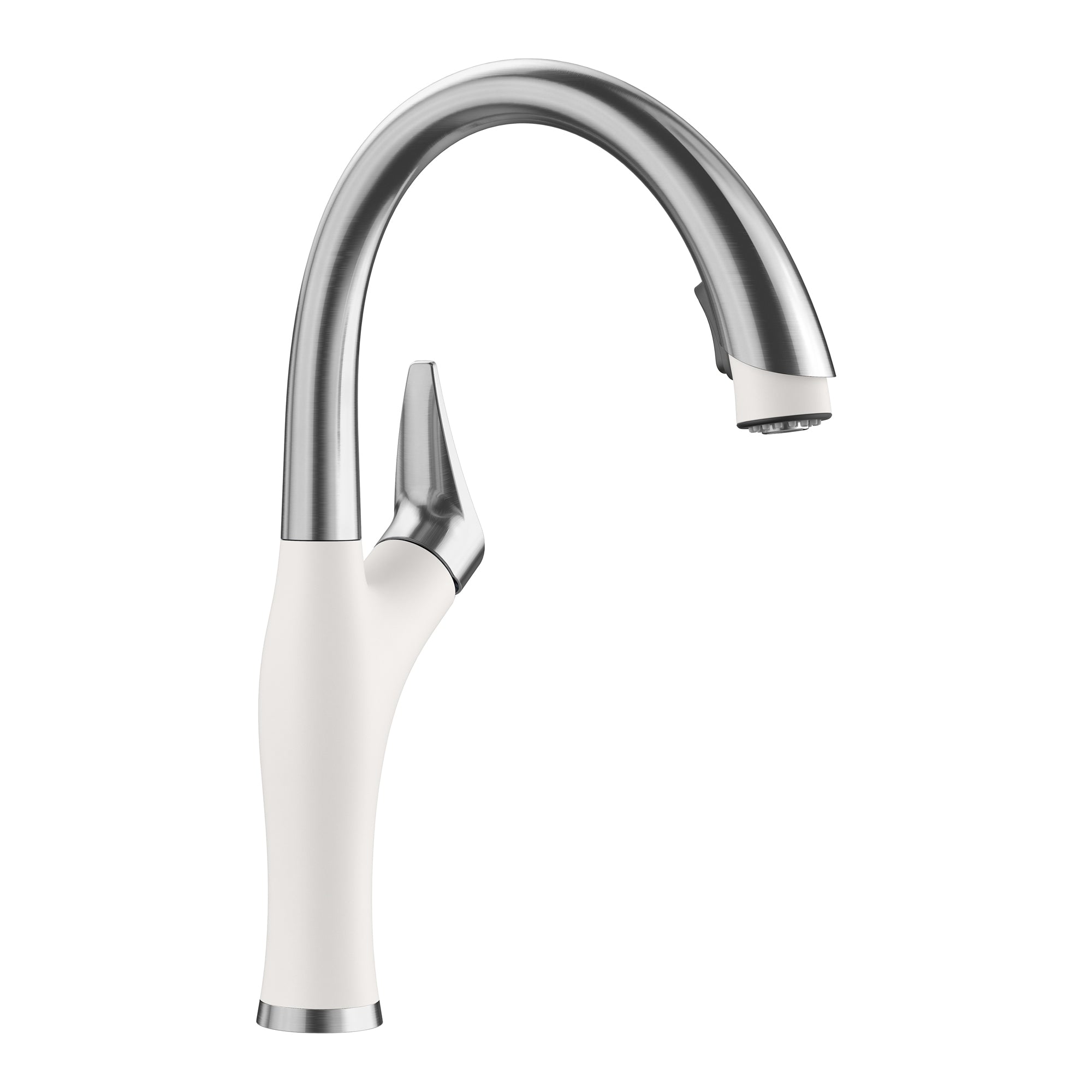 White and stainless steel pull-down kitchen faucet with curved spout and single lever handle.