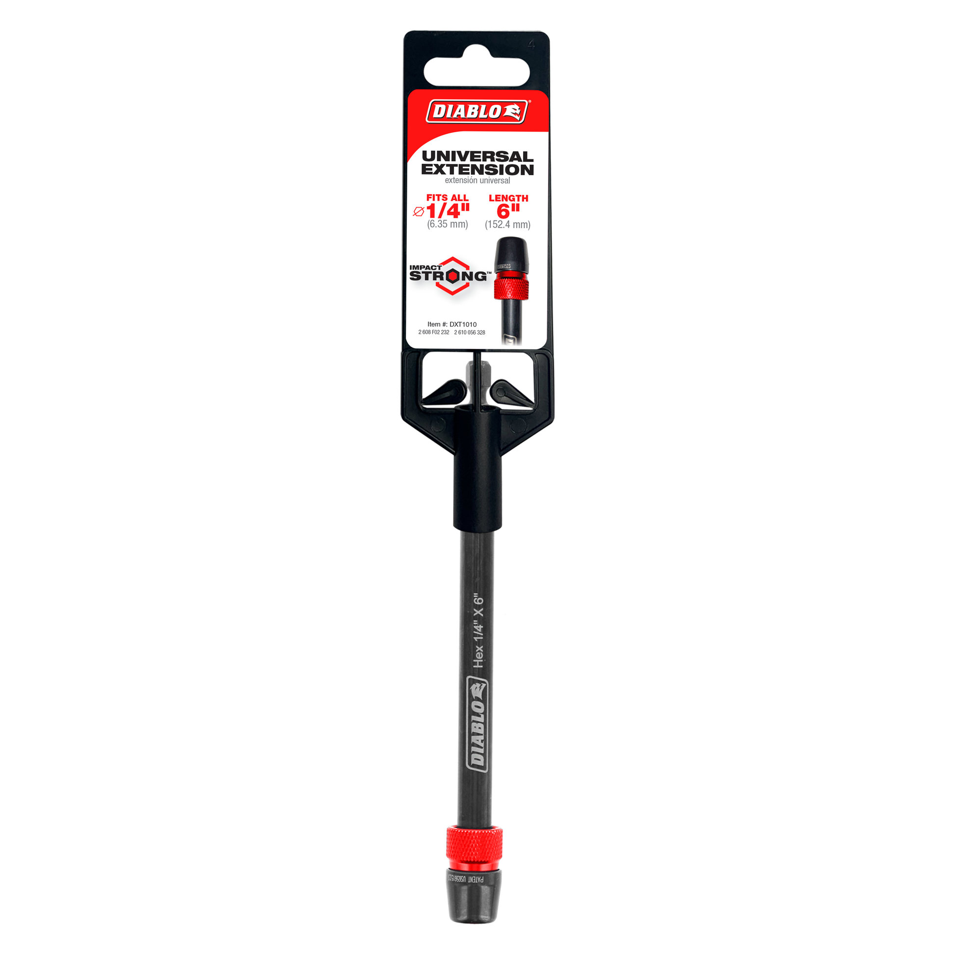 Black and gray Diablo universal extension with red accents, 1/4 inch by 6 inches, with packaging visible at top.