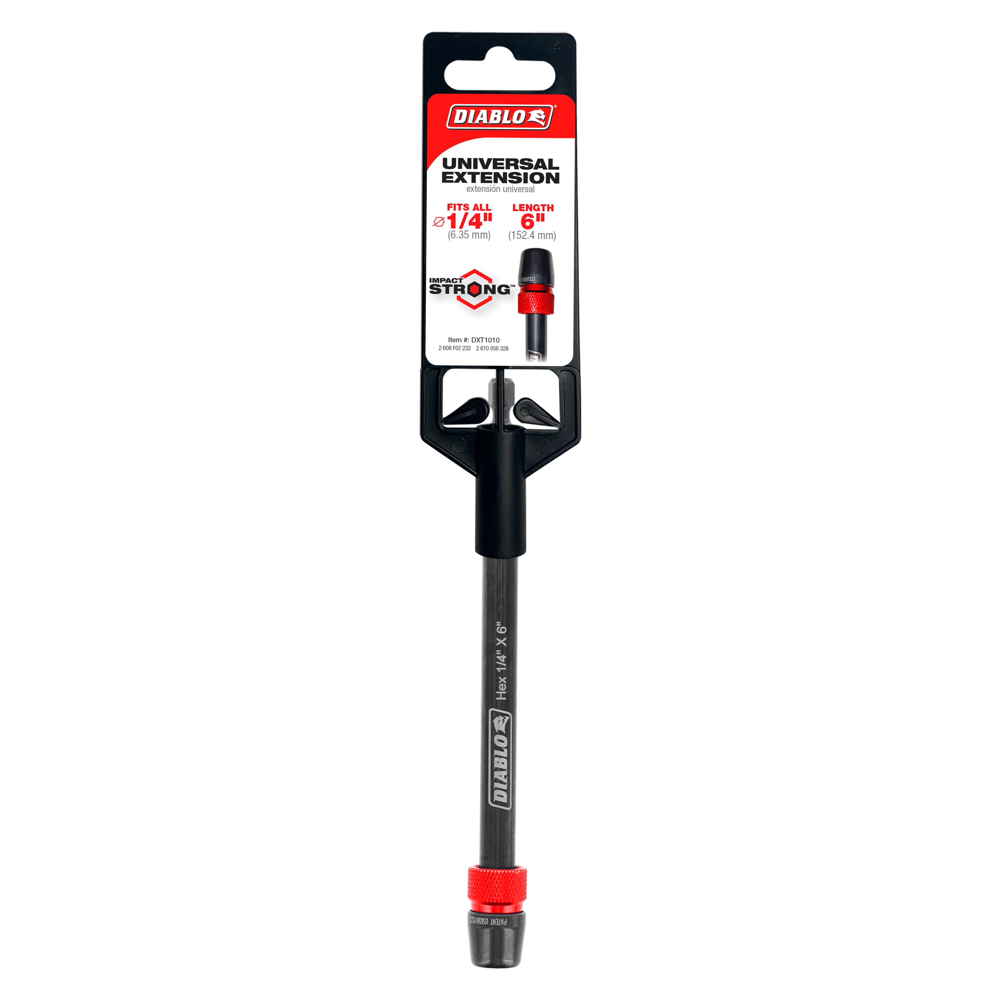 Black and gray Diablo universal extension with red accents, 1/4 inch by 6 inches, with packaging visible at top.
