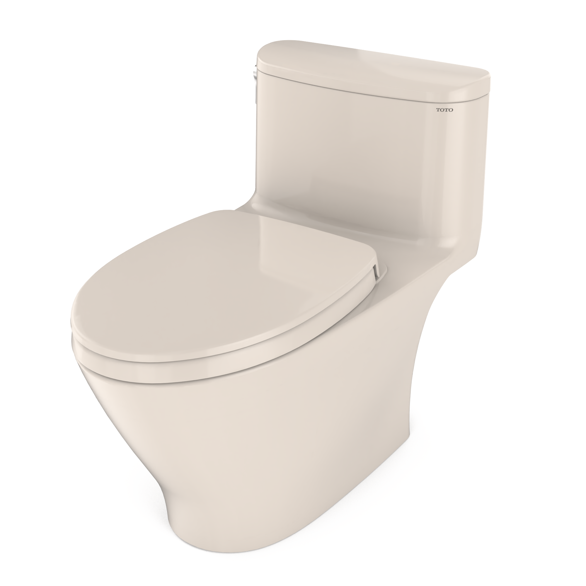 Sedona beige one-piece elongated toilet with soft-close seat and integrated tank.