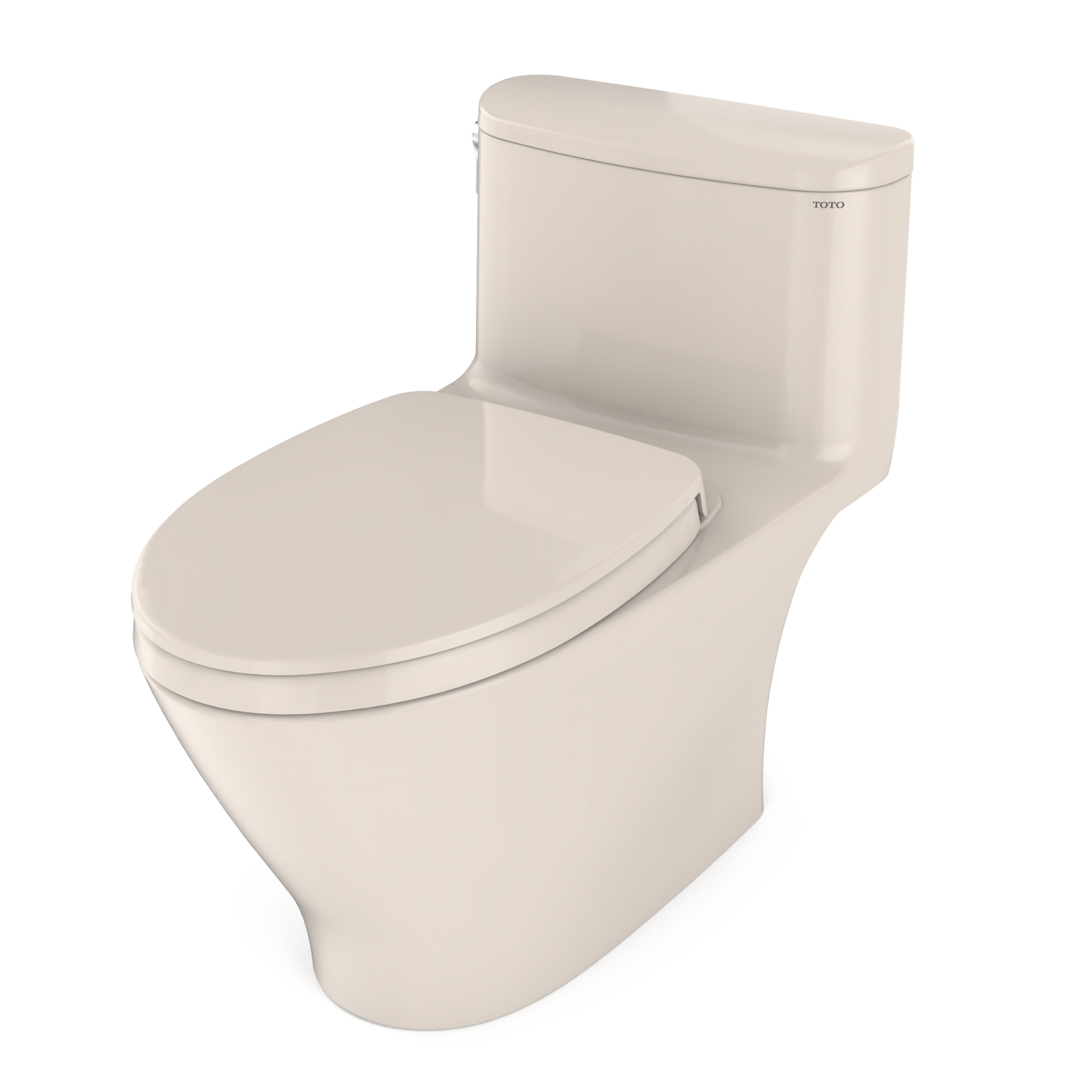 Sedona beige one-piece elongated toilet with soft-close seat and integrated tank.