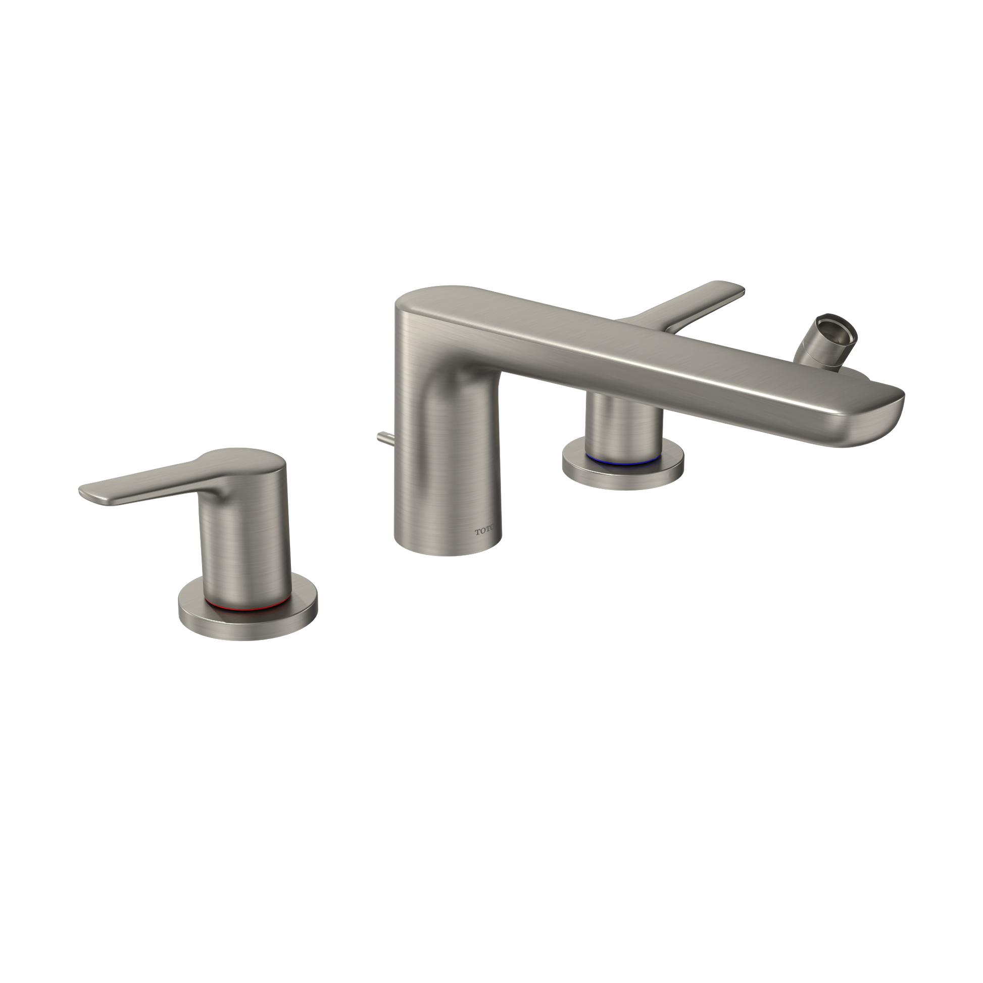 Brushed nickel four-hole roman tub filler with dual lever handles and handheld showerhead attached to spout.