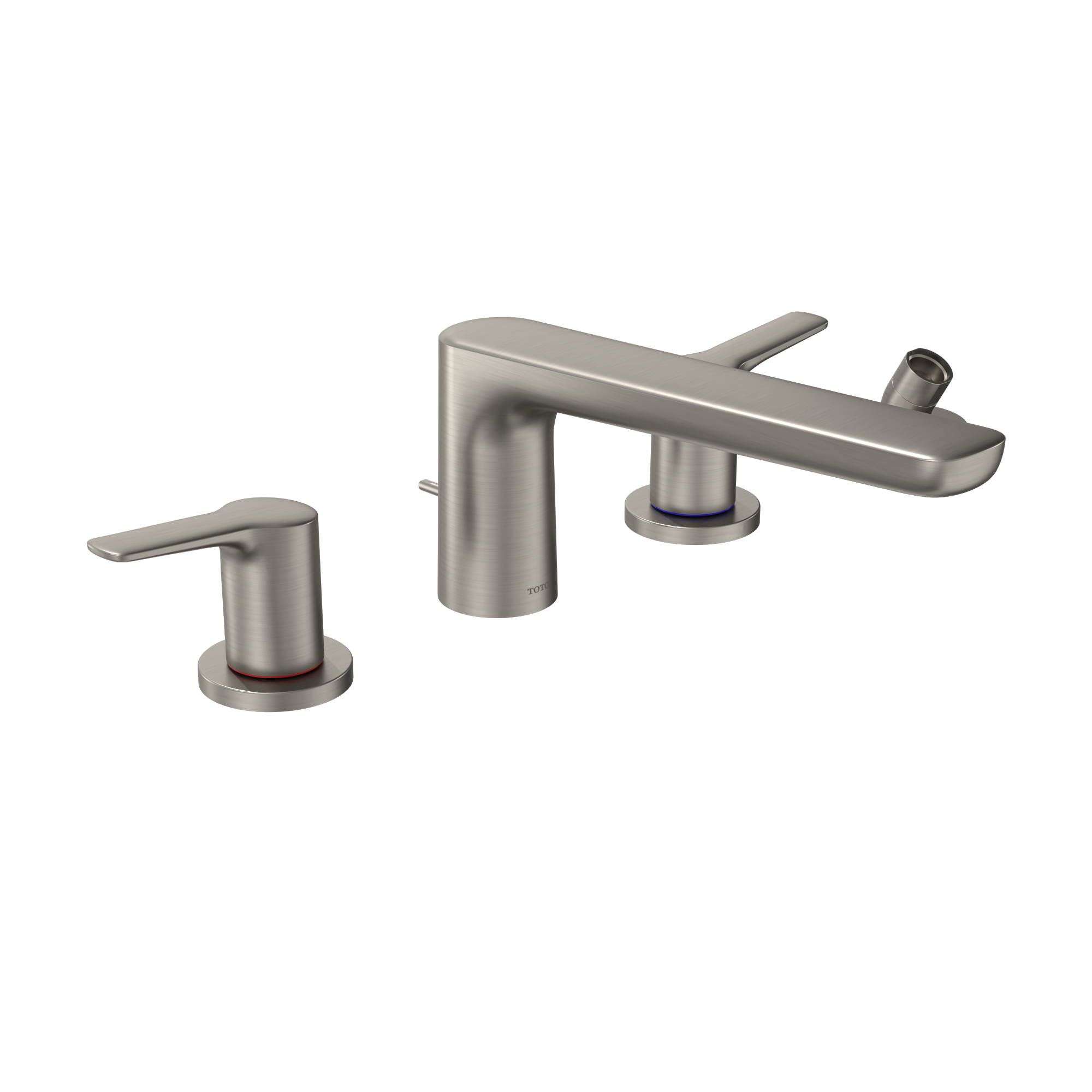 Brushed nickel four-hole roman tub filler with dual lever handles and handheld showerhead attached to spout.