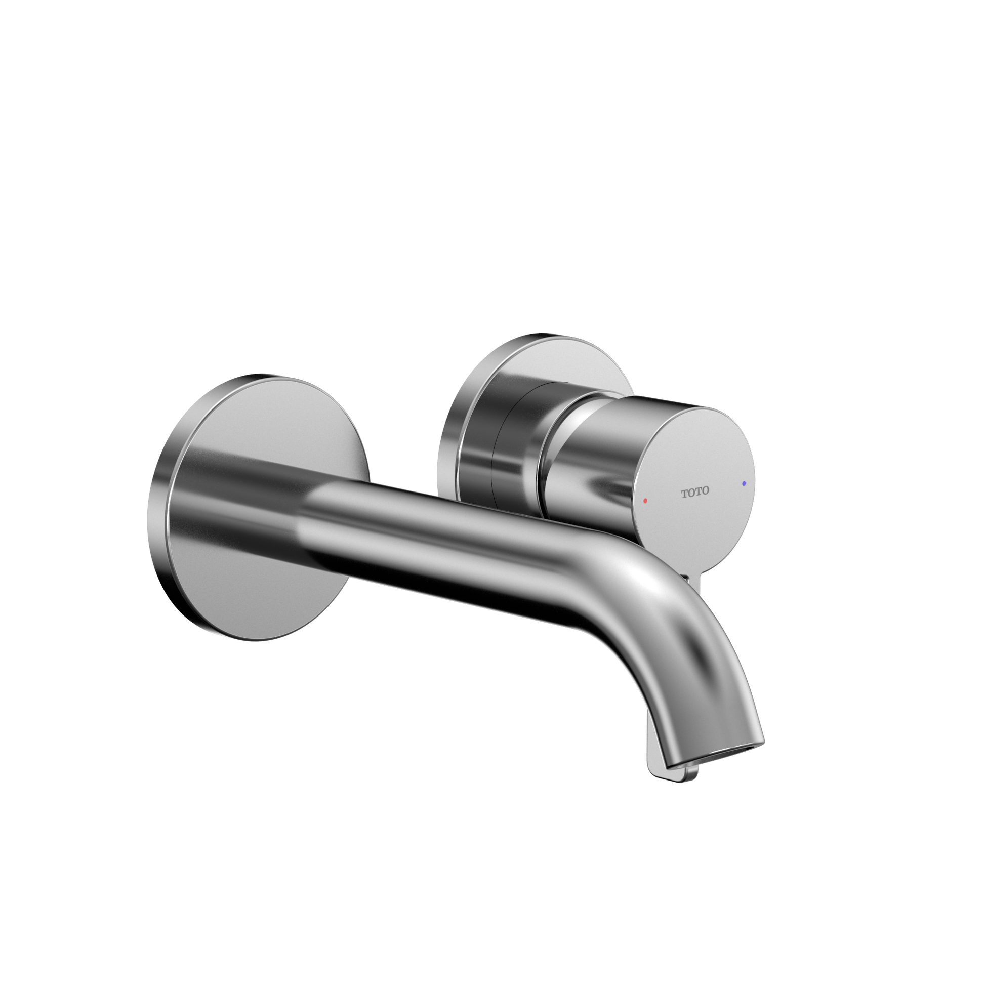 Polished chrome wall-mount bathroom faucet with single handle and curved spout.