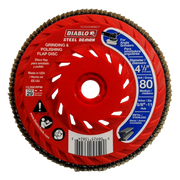 Red flap disc with tan abrasive flaps around perimeter, white center hole, and blue speed hub label indicating 4-1/2 inch dia