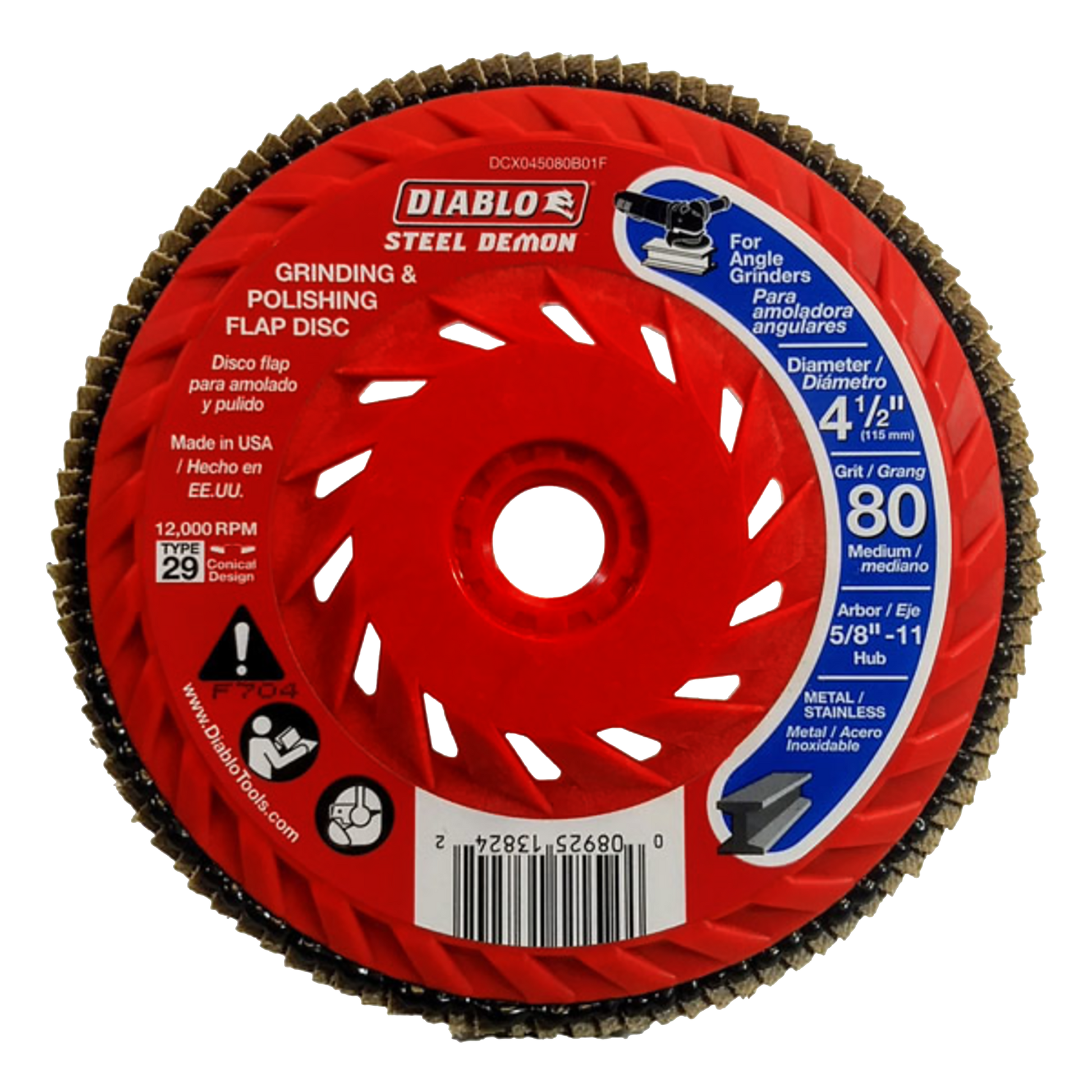 Red flap disc with tan abrasive flaps around perimeter, white center hole, and blue speed hub label indicating 4-1/2 inch dia